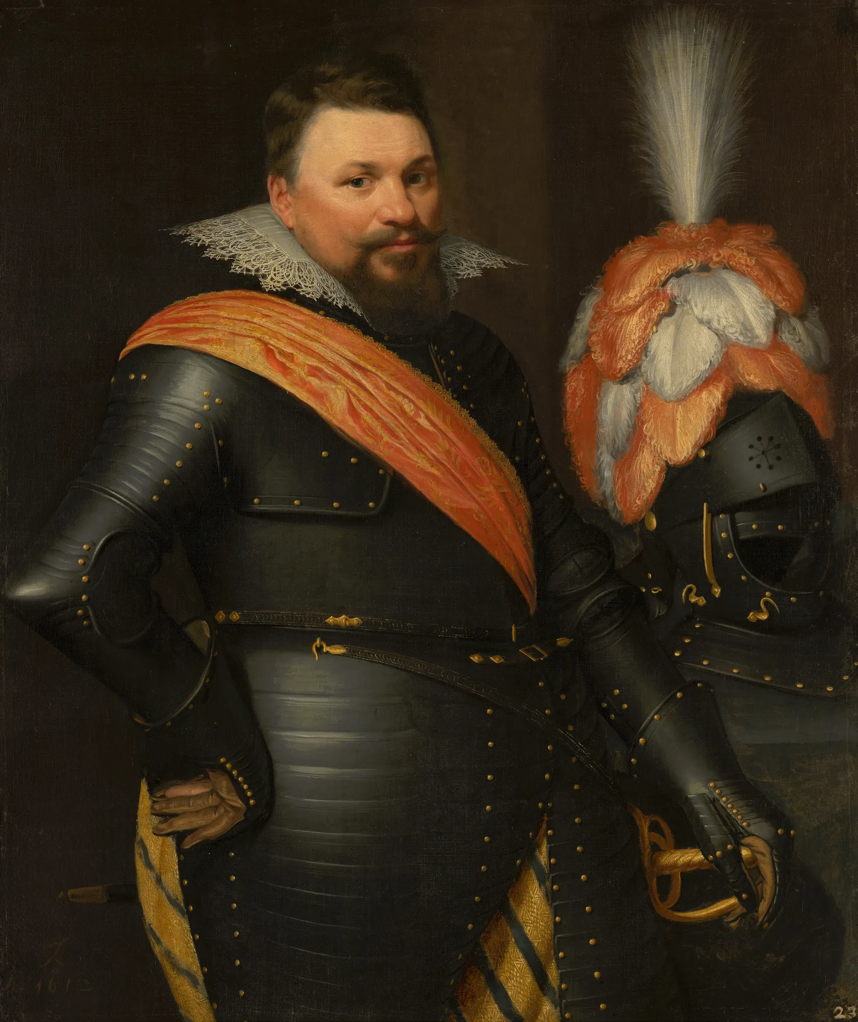 Portrait of an Officer Portrait of an Officer by Jan van Ravesteyn. A three-quarter length portrait of a bearded man in dark plate armor wearing an orange sash and a white lace collar, standing next to a plumed helmet.