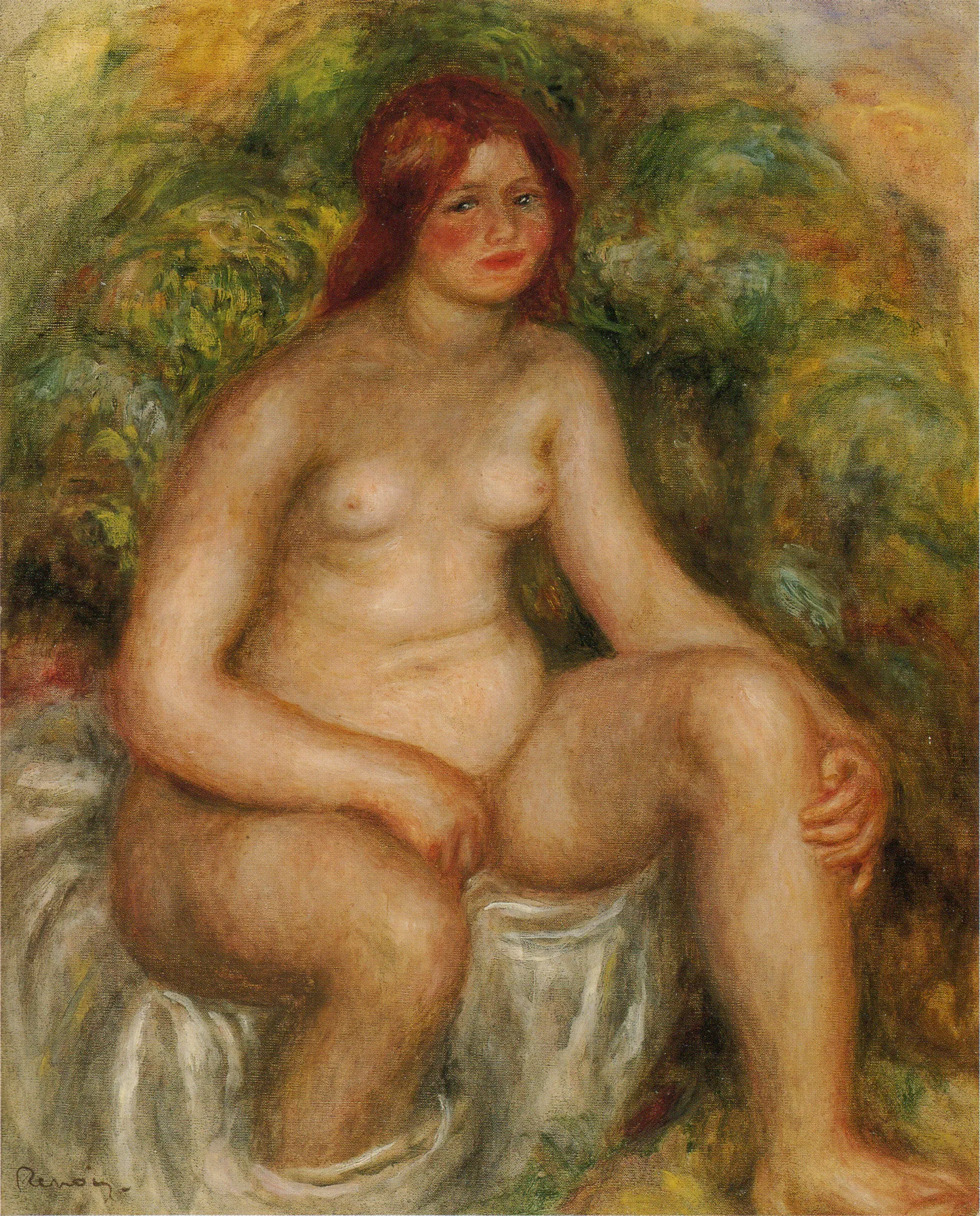 Seated Bather Seated Bather by Pierre-Auguste Renoir. A red-haired woman sits nude on a white cloth, set against a vibrant green and gold impressionistic background.