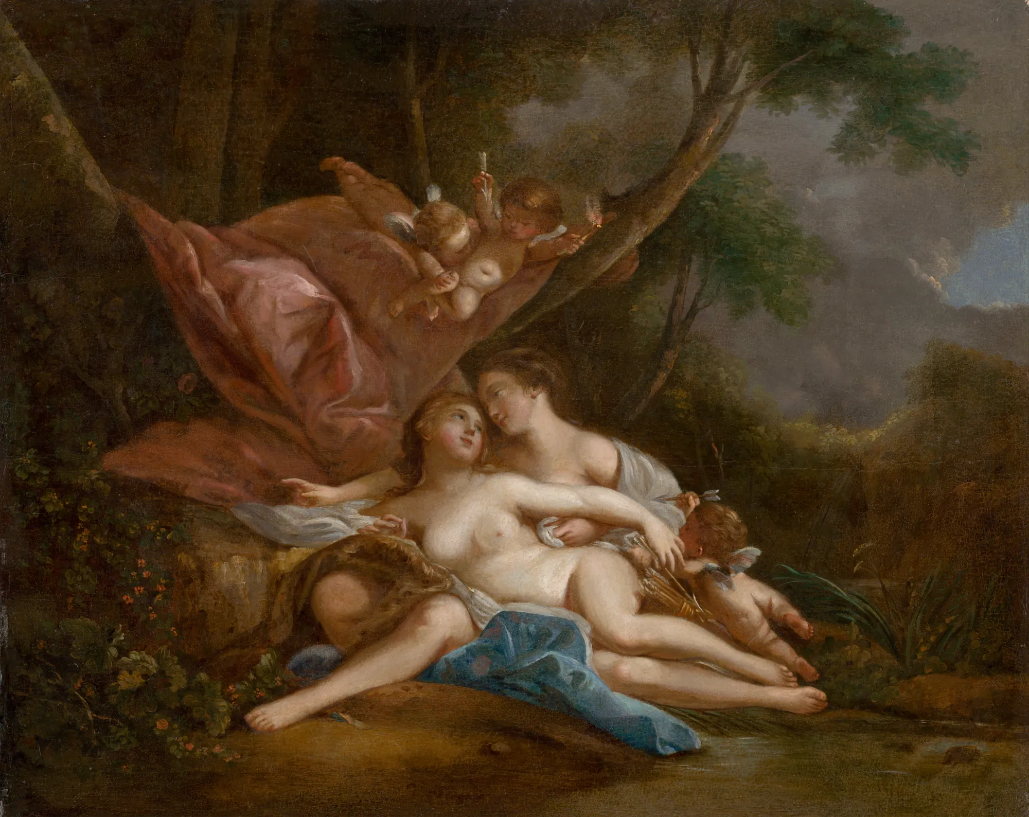 Diana and Callisto Diana and Callisto by François Boucher. A classical mythological scene depicting the goddess Diana and the nymph Callisto reclining together in a lush forest landscape, surrounded by playful cupids.