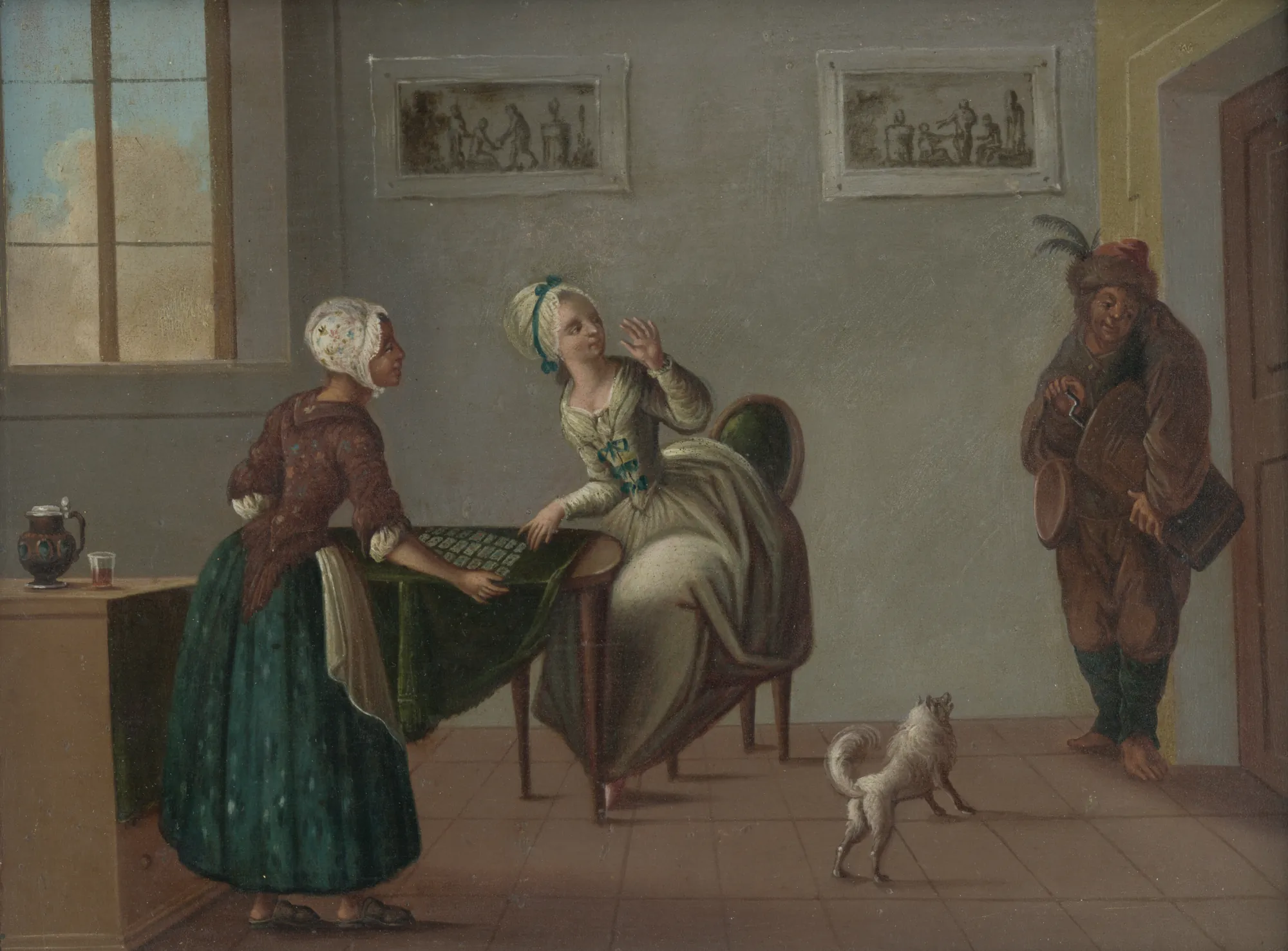 Fortune Telling with Cards Fortune Telling with Cards by Daniel Nikolaus Chodowiecki. An interior scene depicting two women at a table with playing cards while a traveling musician enters the room, causing a small dog to bark.