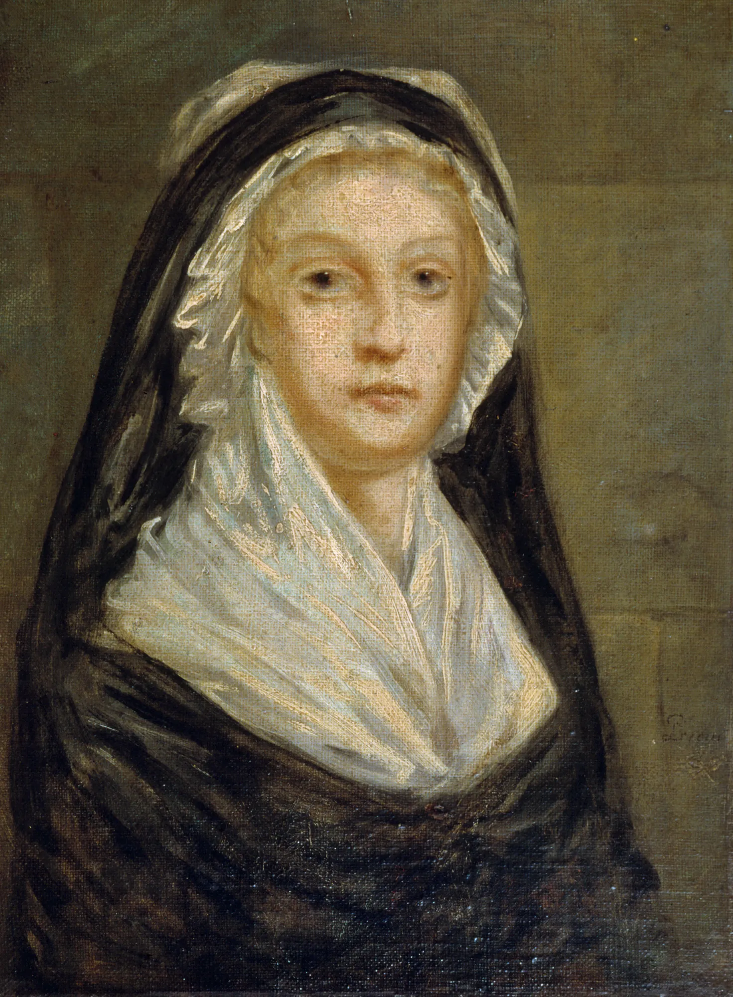 Marie Antoinette in the Temple Prison Marie Antoinette in the Temple Prison by Sophie Prieur. An oil portrait of Marie Antoinette in mourning attire, featuring a black veil and white lace cap against a dark, atmospheric background.