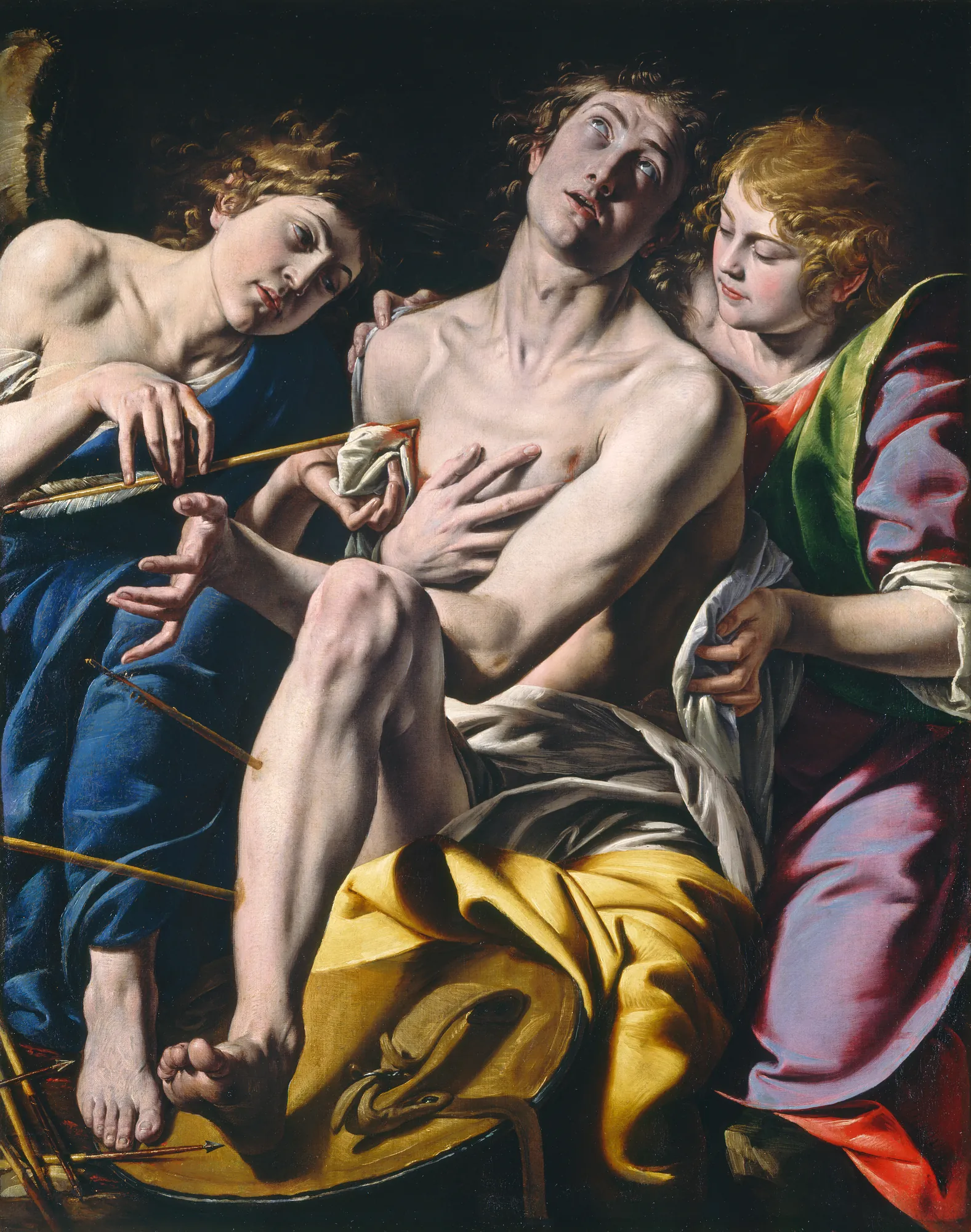 Saint Sebastian Saint Sebastian by Tanzio da Varallo. A dramatic Baroque scene showing Saint Sebastian being tended to by Saint Irene and an angel who are removing arrows from his body.