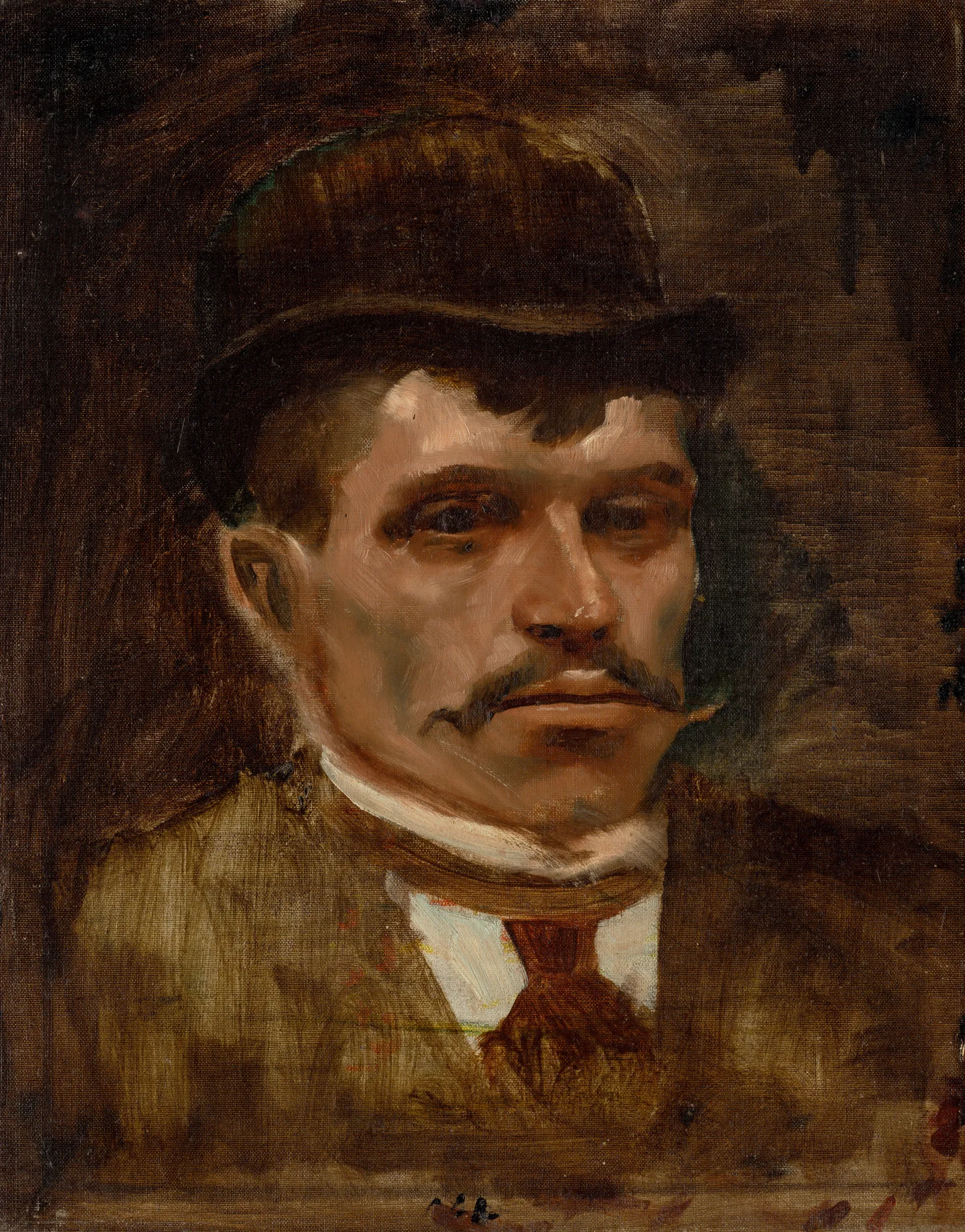 Coachman in a Hat Coachman in a Hat by László Mednyánszky. An expressive oil portrait of a man with a mustache wearing a dark bowler hat and a brown jacket.