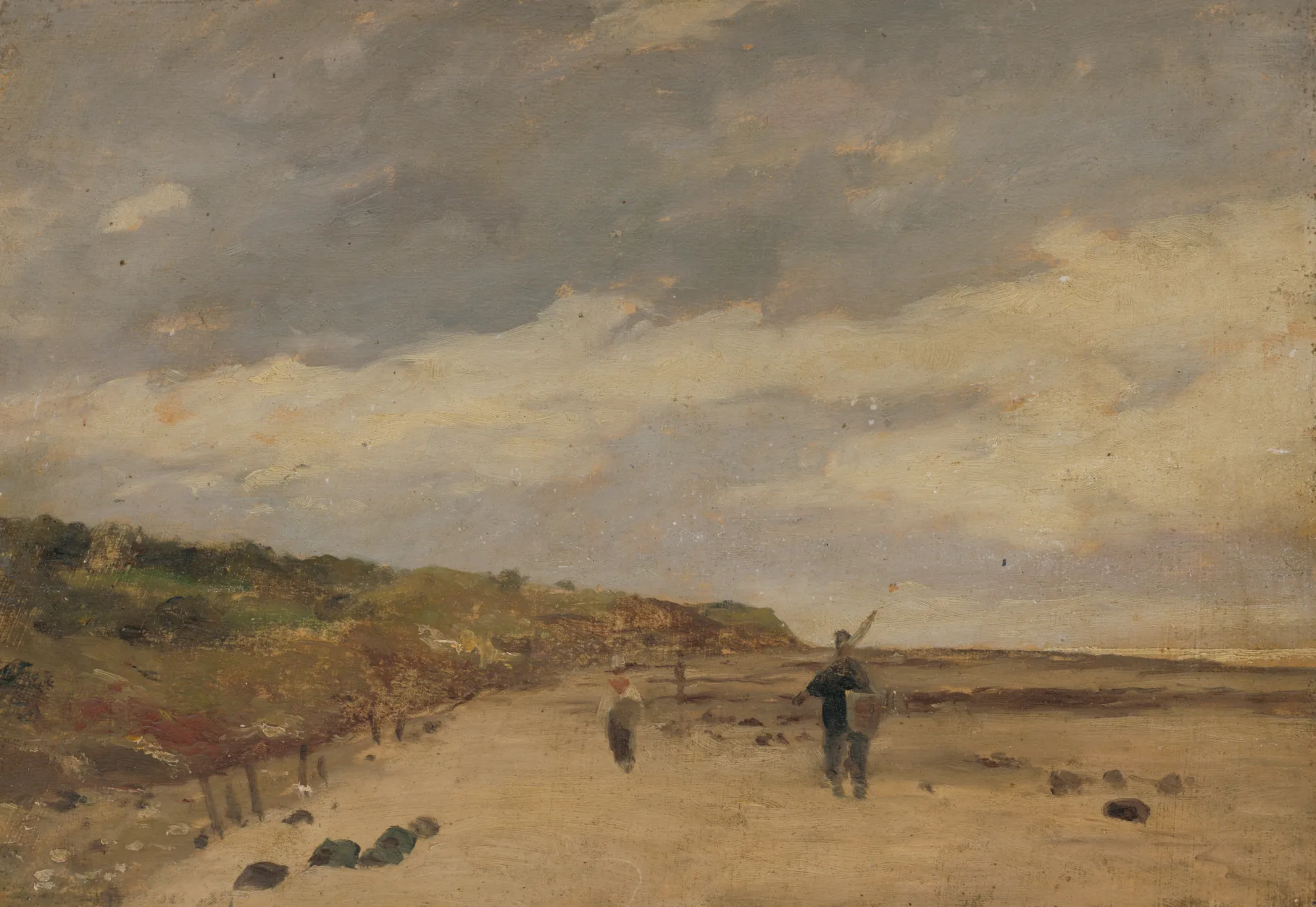 On the Coast On the Coast by Antonín Chittussi. An atmospheric coastal painting depicting figures walking on a wide beach under a heavy, clouded sky next to low-lying hills.