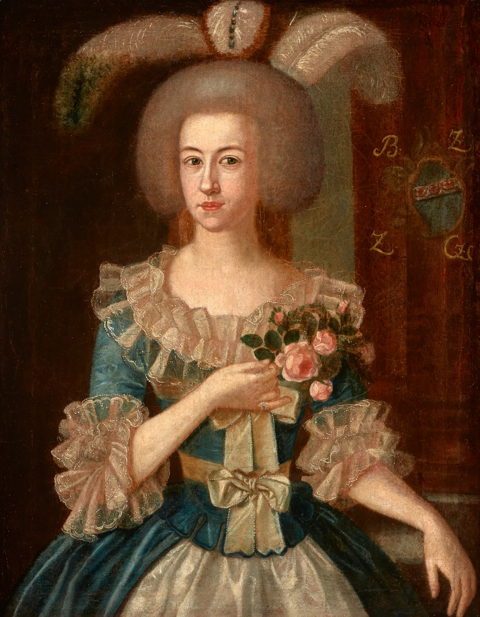 Portrait of a Woman Portrait of a Woman by Józef Faworski. An 18th-century oil portrait of a woman wearing a powdered wig with ostrich feathers and a ruffled blue gown, holding a small bouquet of roses.