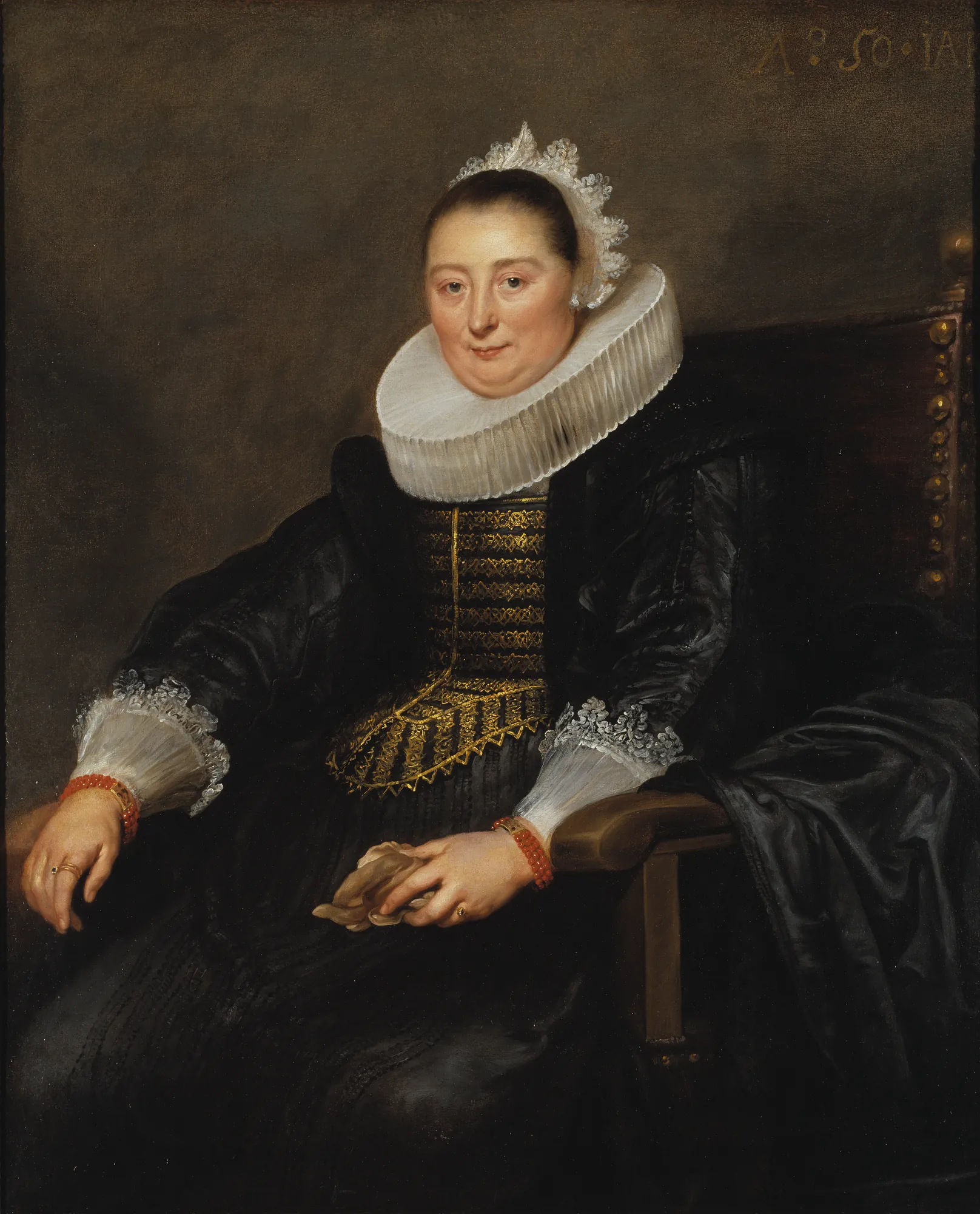 Portrait of a Lady Portrait of a Lady by Cornelis de Vos. A seated woman in a dark dress with a prominent white ruff collar and gold embroidered bodice.