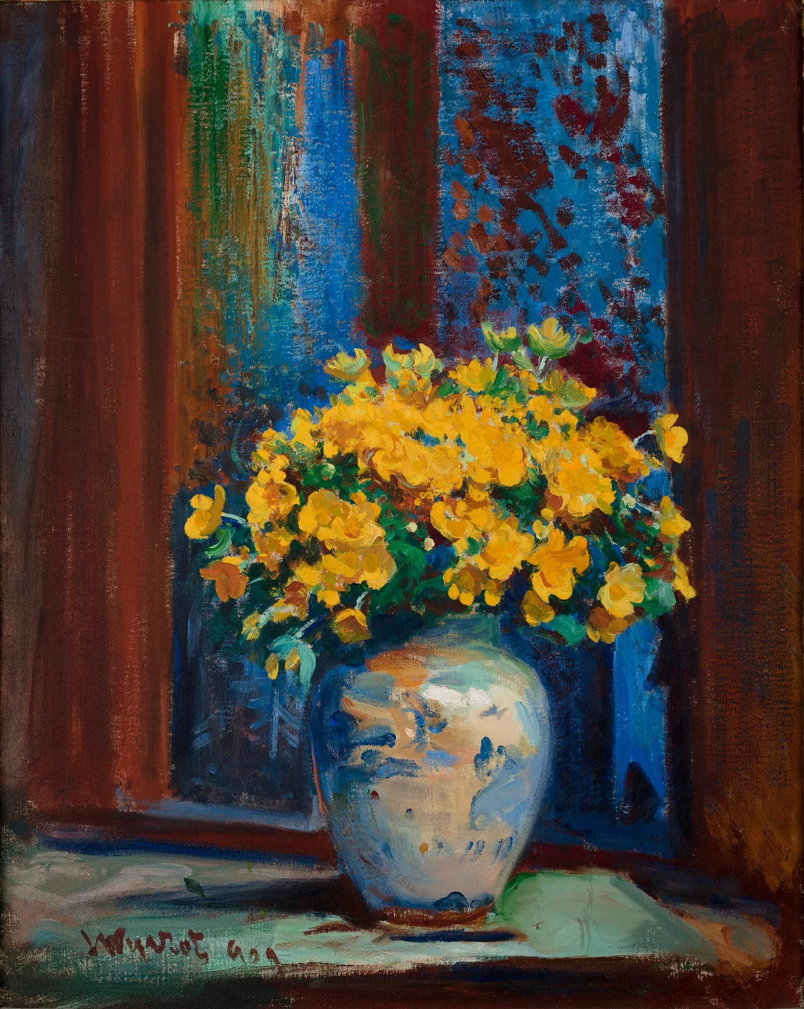 Marsh Marigolds Marsh Marigolds by Leon Wyczółkowski. A lush bouquet of bright yellow marsh marigolds is arranged in a decorated blue and white ceramic vase against a moody, vertical-brushed background of deep blues and earthy browns.