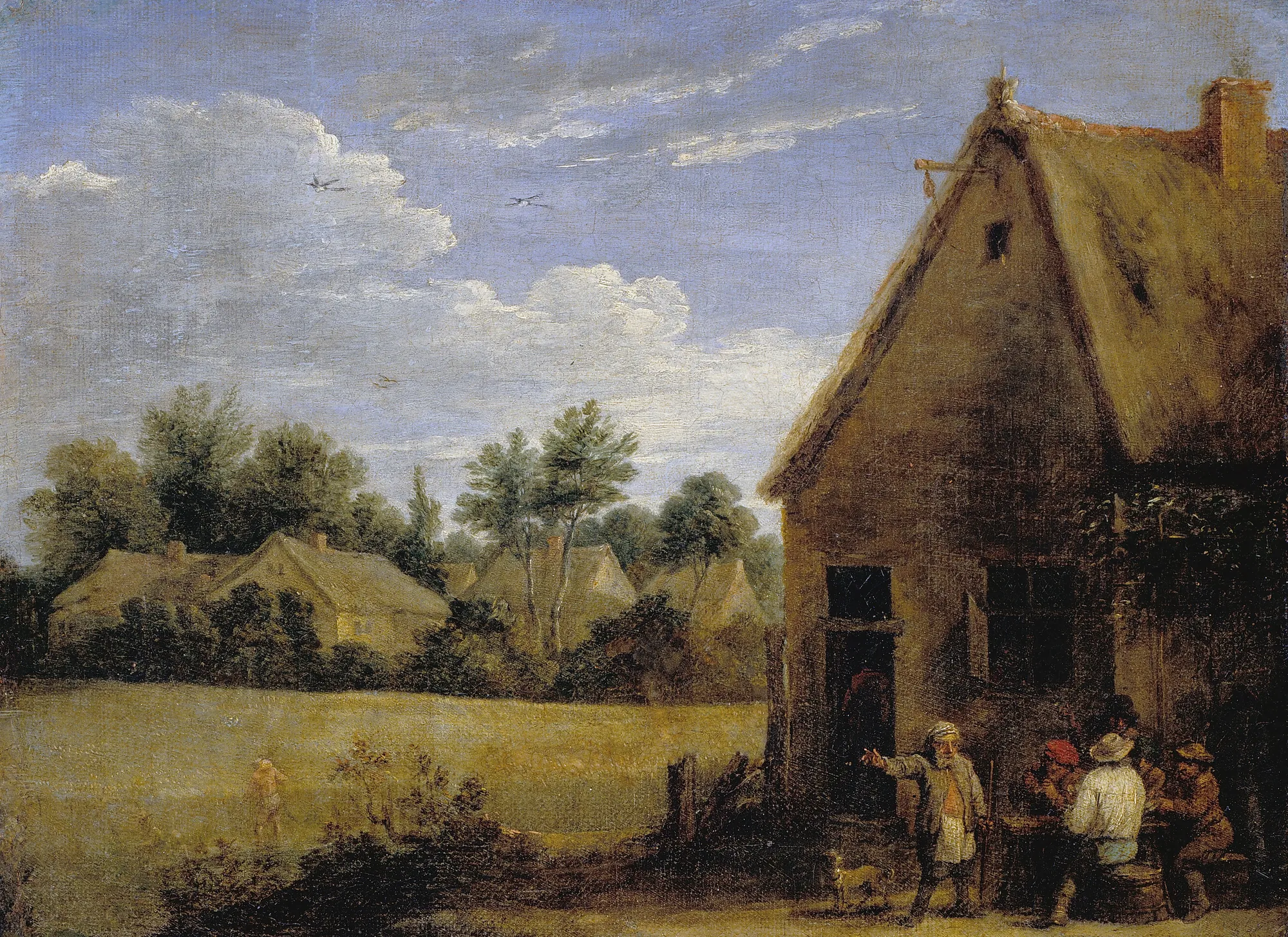 Cottage with Peasants Playing Cards Cottage with Peasants Playing Cards by Unknown Artist. A Flemish genre painting of figures gathered outside a thatched cottage in a wide, airy landscape.