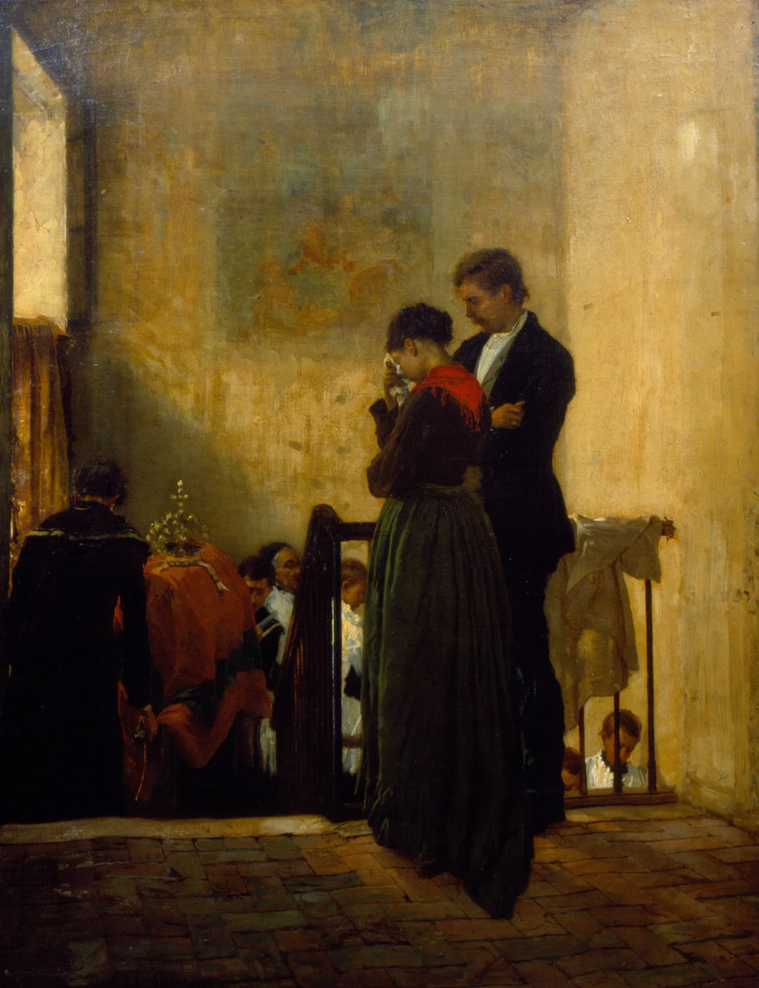 Pain Pain by Angelo Dall'Oca Bianca. A somber 19th-century interior scene depicting figures in mourning, centered on a weeping woman by a staircase in dramatic light.