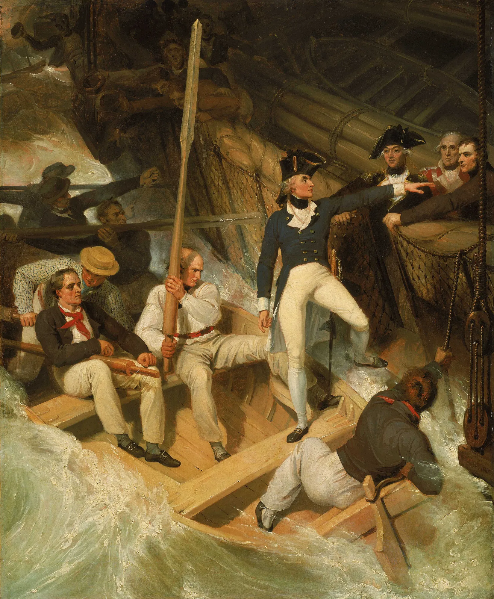 Nelson Boarding a Captured Ship Nelson Boarding a Captured Ship by Richard Westall. A group of sailors in a small boat navigate crashing white waves as a young Horatio Nelson stands and points towards an adjacent vessel.