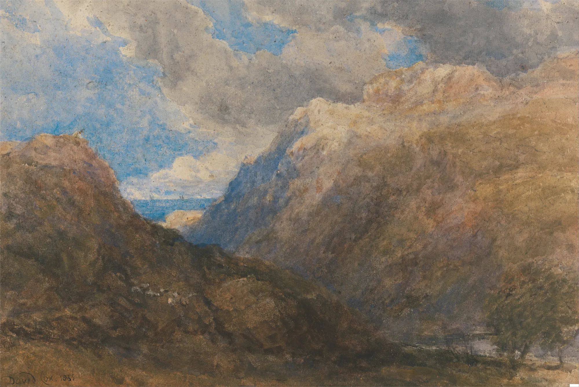 Penmanmawr Penmanmawr by David Cox. A dramatic watercolor landscape depicting rugged brown mountains under a turbulent sky with glimpses of a blue sea in the distance.