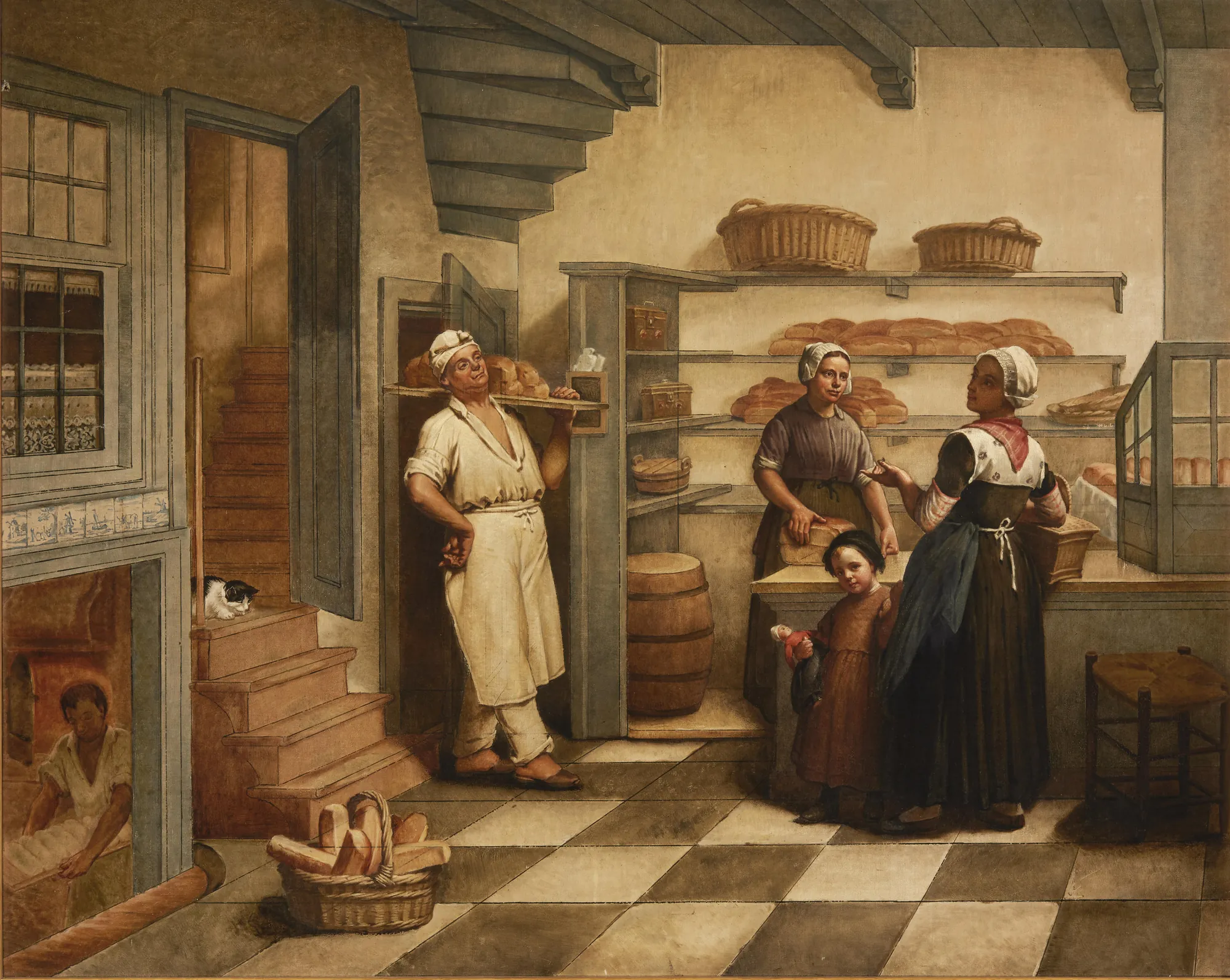 De Bakkerswinkel De Bakkerswinkel by Gerrit Postma. A bustling 19th-century Dutch bakery interior featuring several figures including a baker with a tray of bread, customers at a counter, and a child.