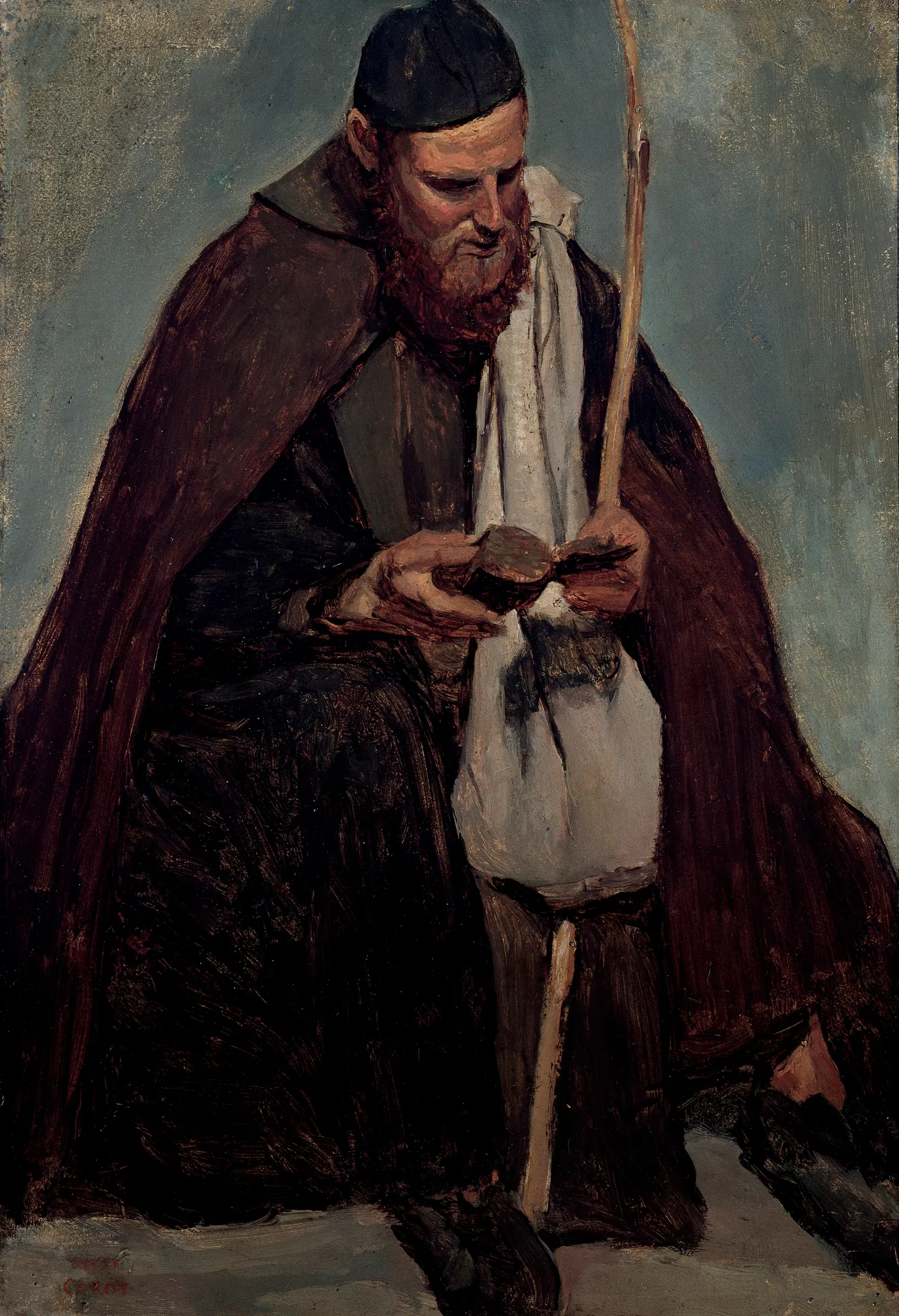 Italian Monk Reading Italian Monk Reading by Jean-Baptiste Camille Corot. A bearded monk wearing a dark brown cloak and black cap sits in profile, intently reading a small book and holding a tall wooden staff.