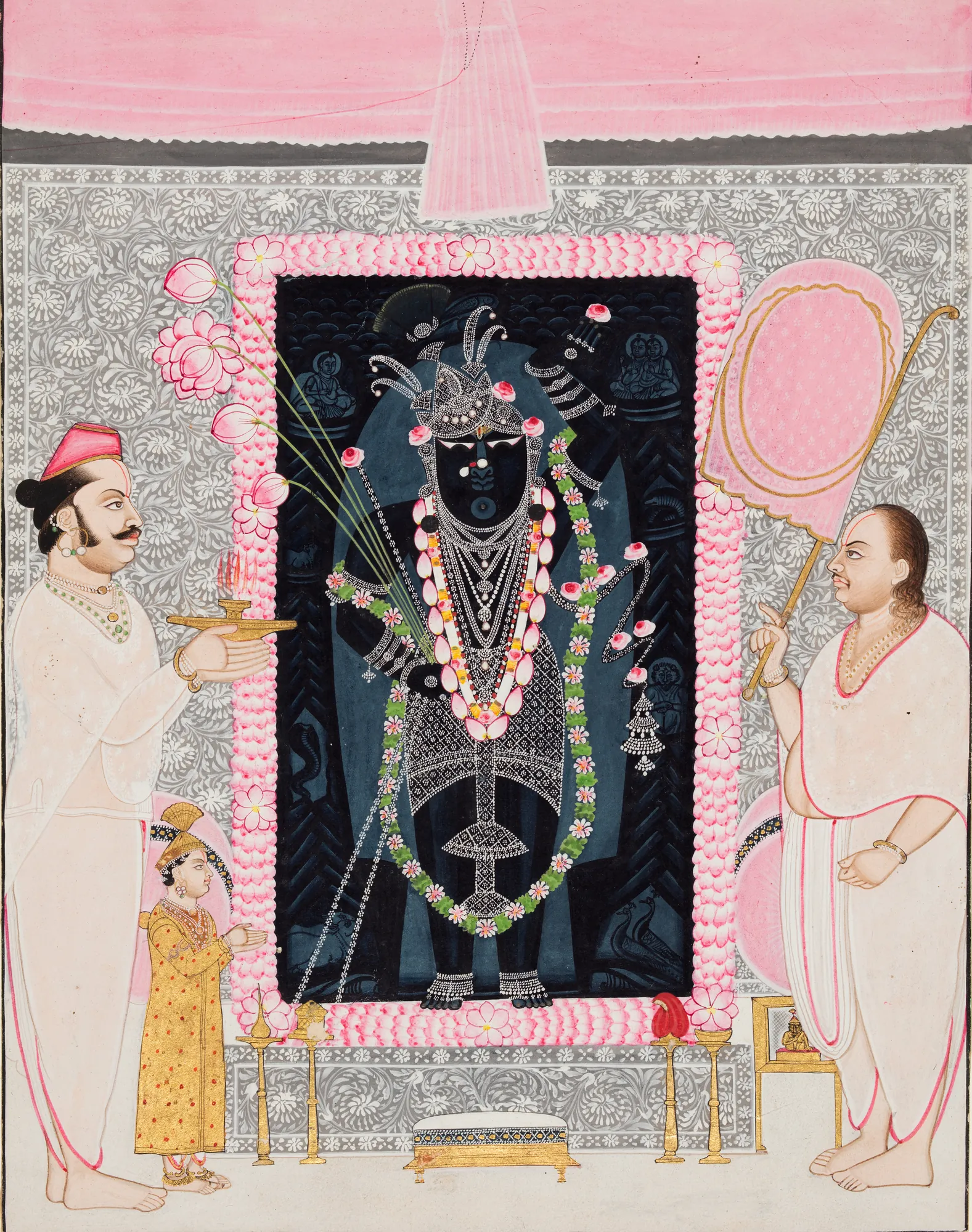 Head Priest Govardhan Lalji Offering a Lamp to Shri Nathji