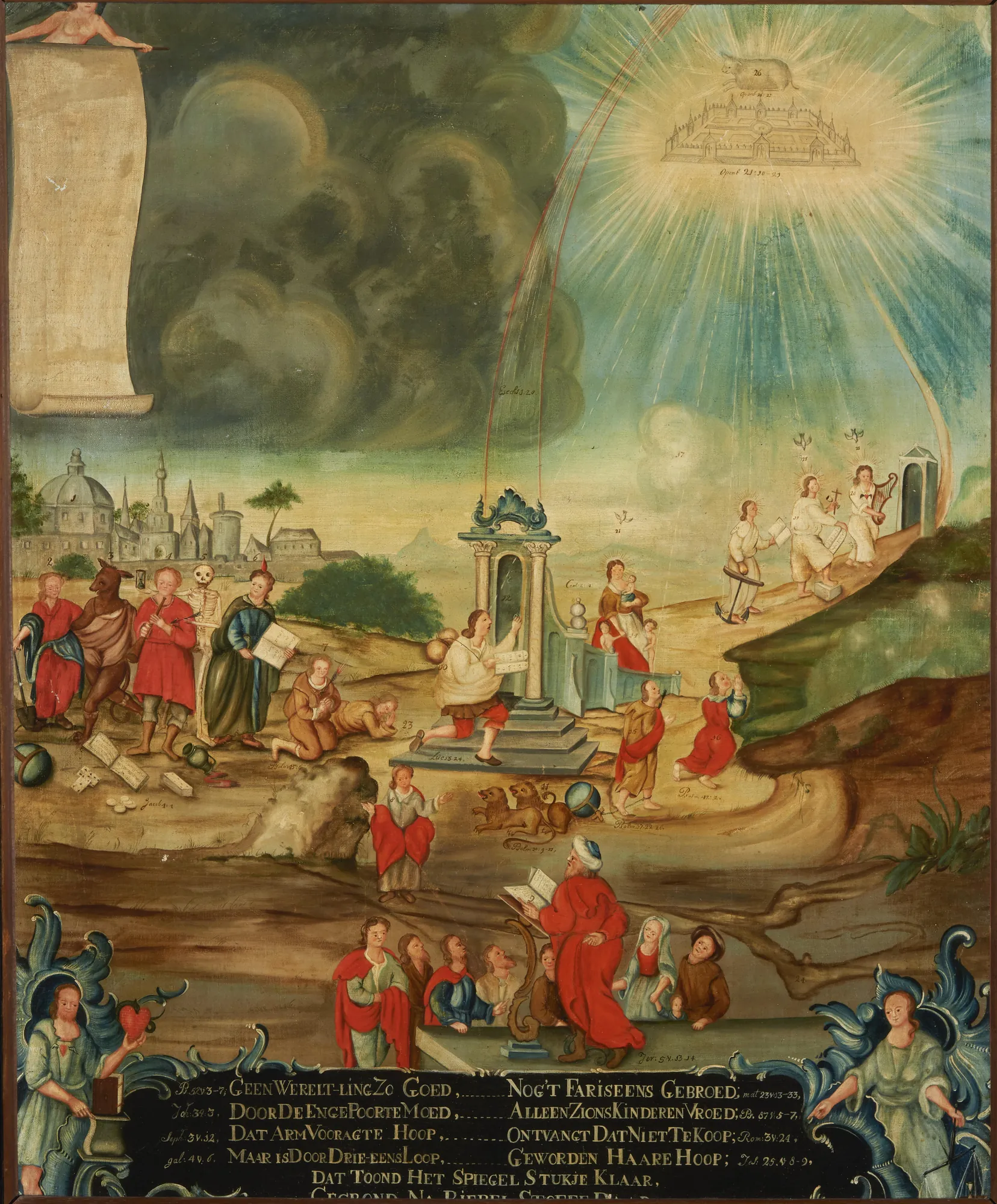 De Weg naar de Hemelpoort De Weg naar de Hemelpoort by Unknown Artist. An 18th-century Dutch allegorical painting depicting figures traveling along a path toward a radiant heavenly city appearing in the clouds.