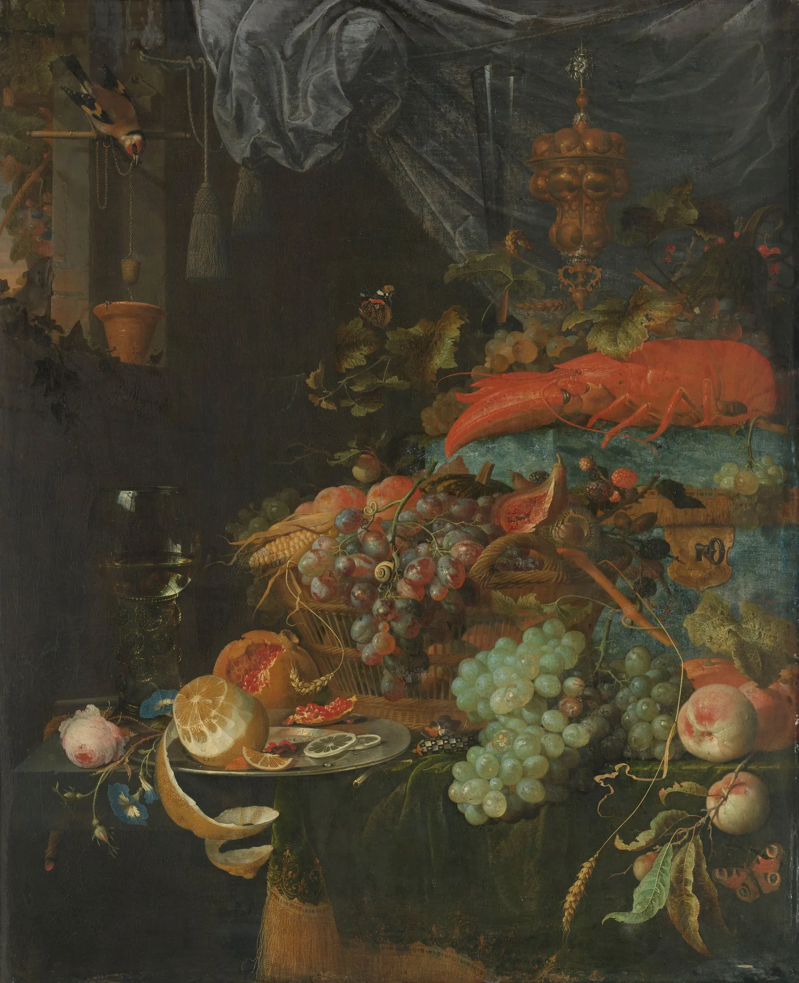 Still Life with Fruit and a Finch Drawing Water Still Life with Fruit and a Finch Drawing Water by Abraham Mignon. An intricate Dutch Golden Age still life featuring a cooked lobster, overflowing baskets of grapes and peaches, a peeled lemon, and a goldfinch perched by a water bowl.