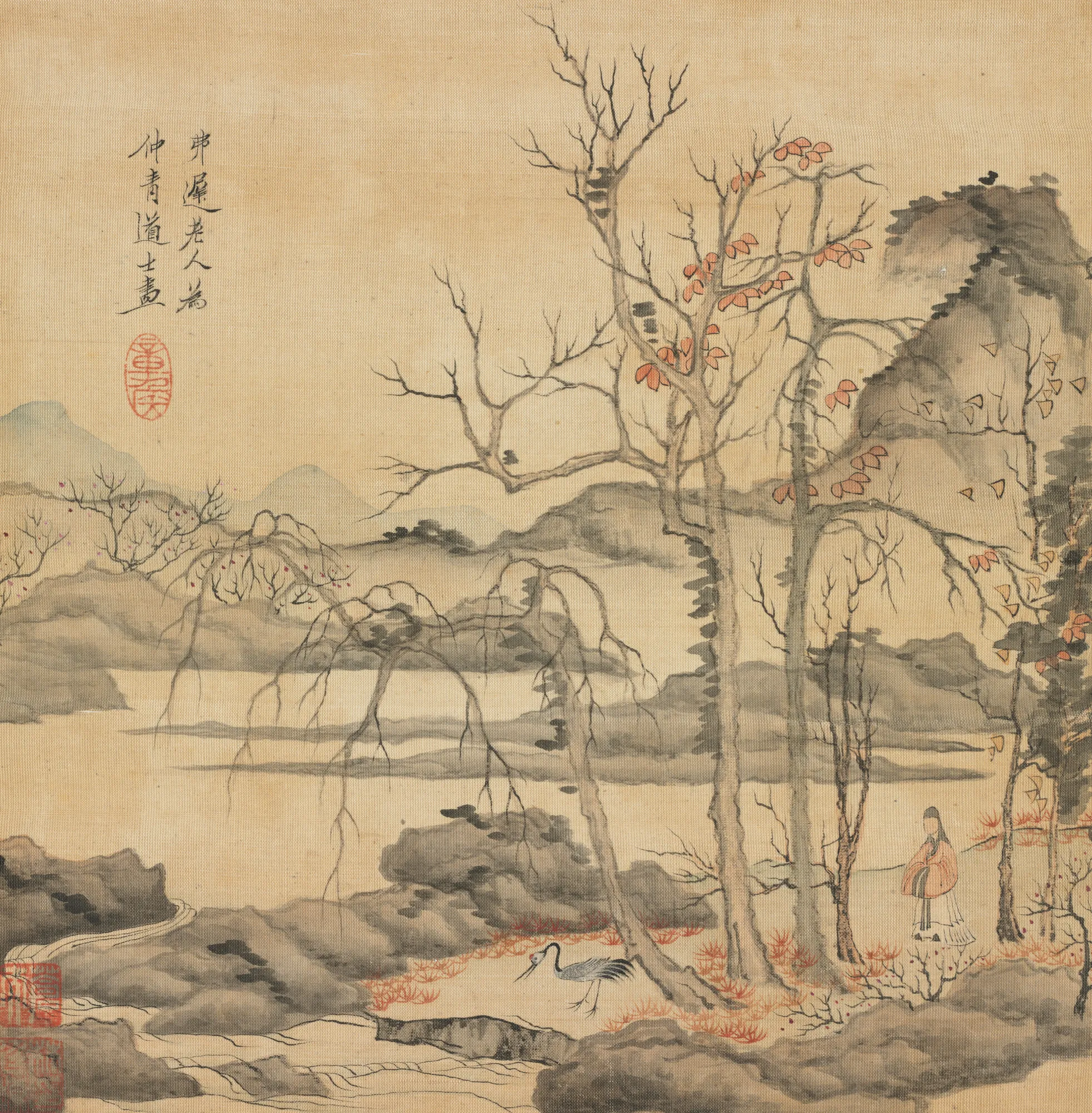 Daoist and Crane in Autumn Landscape