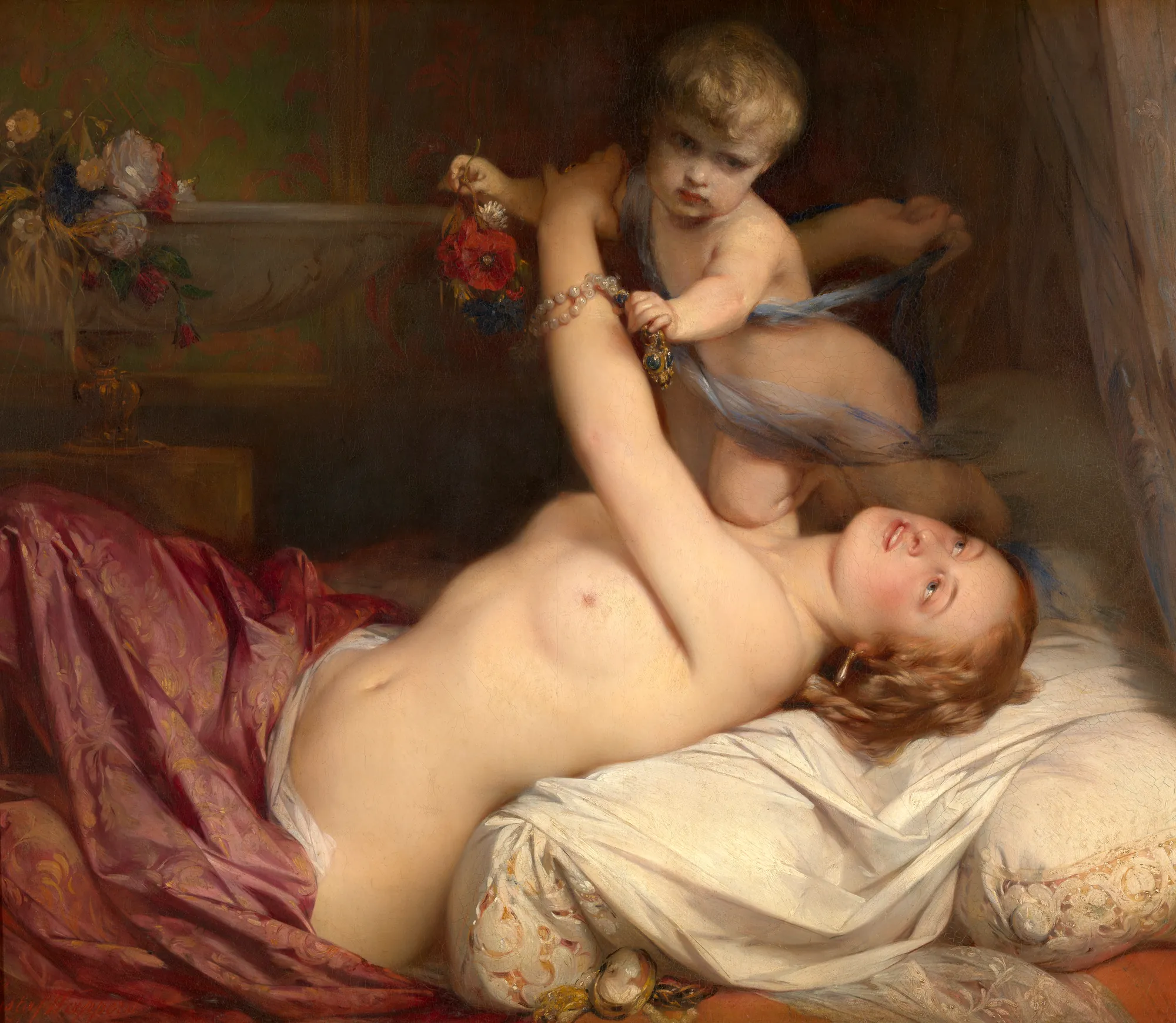 Young Mother with Child Young Mother with Child by Égide Charles Gustave Wappers. A reclining semi-nude woman looks up affectionately at a small child reaching for a pearl bracelet on her arm.