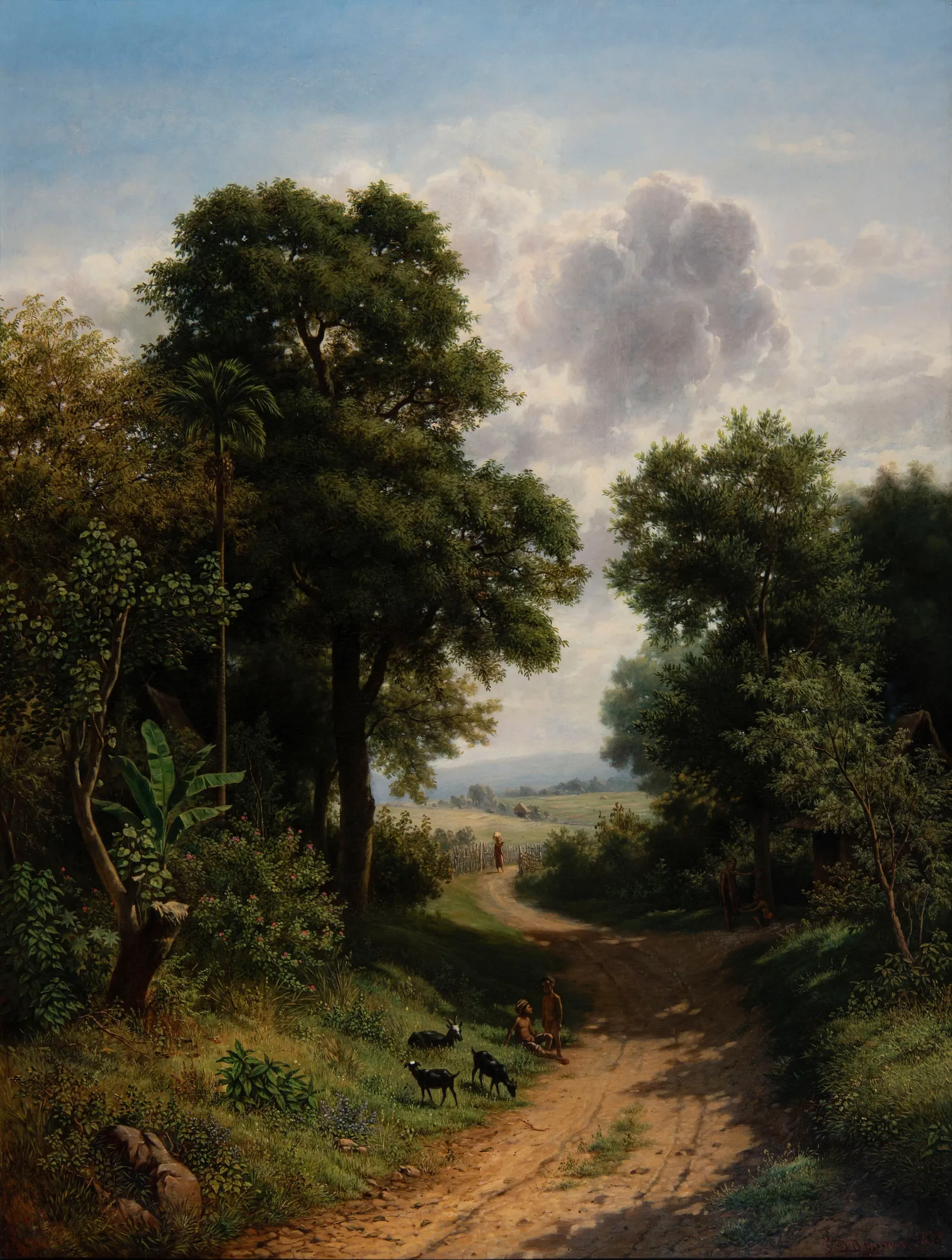 Javanese Landscape Javanese Landscape by Jan Daniel Beynon. A lush tropical landscape featuring a winding dirt path, towering trees, grazing goats, and distant hills under a dramatic cloudy sky.