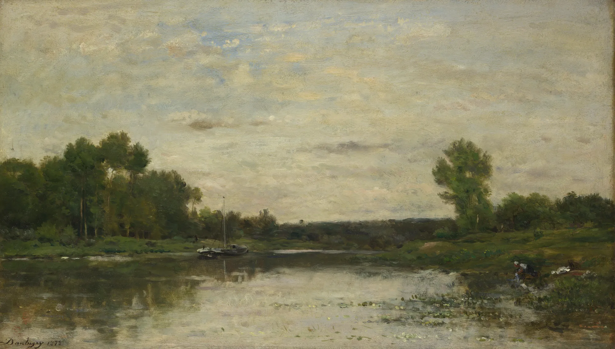 View on the Oise View on the Oise by Charles-François Daubigny. A tranquil landscape painting of the Oise river with a small boat moored near a wooded bank under a vast, clouded sky.