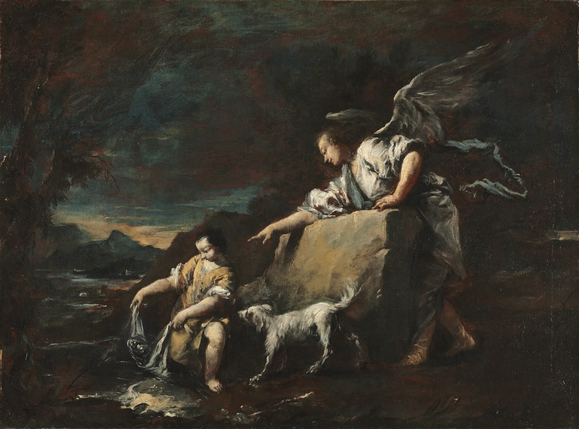 Tobias and the Angel Tobias and the Angel by Francesco Guardi. A winged angel leans over a large stone, pointing toward a young man who holds a large fish while a small white dog looks on.