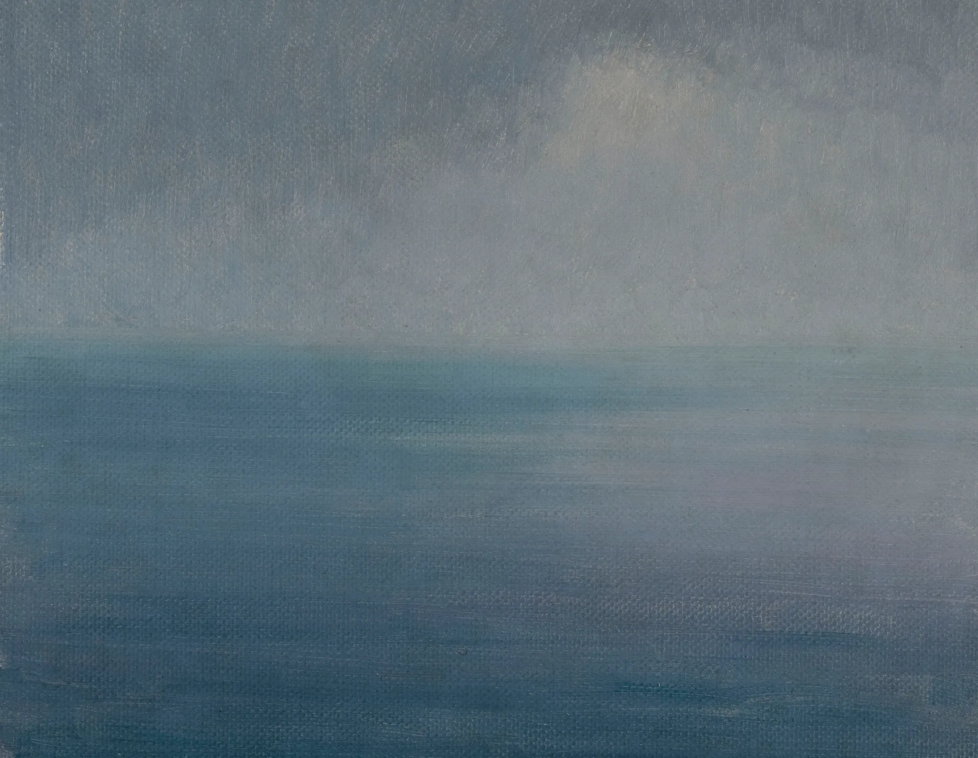 Sestri Levante, Italy Sestri Levante, Italy by Henry Brokmann. An atmospheric oil painting of a hazy blue seascape under a cloudy, overcast sky.