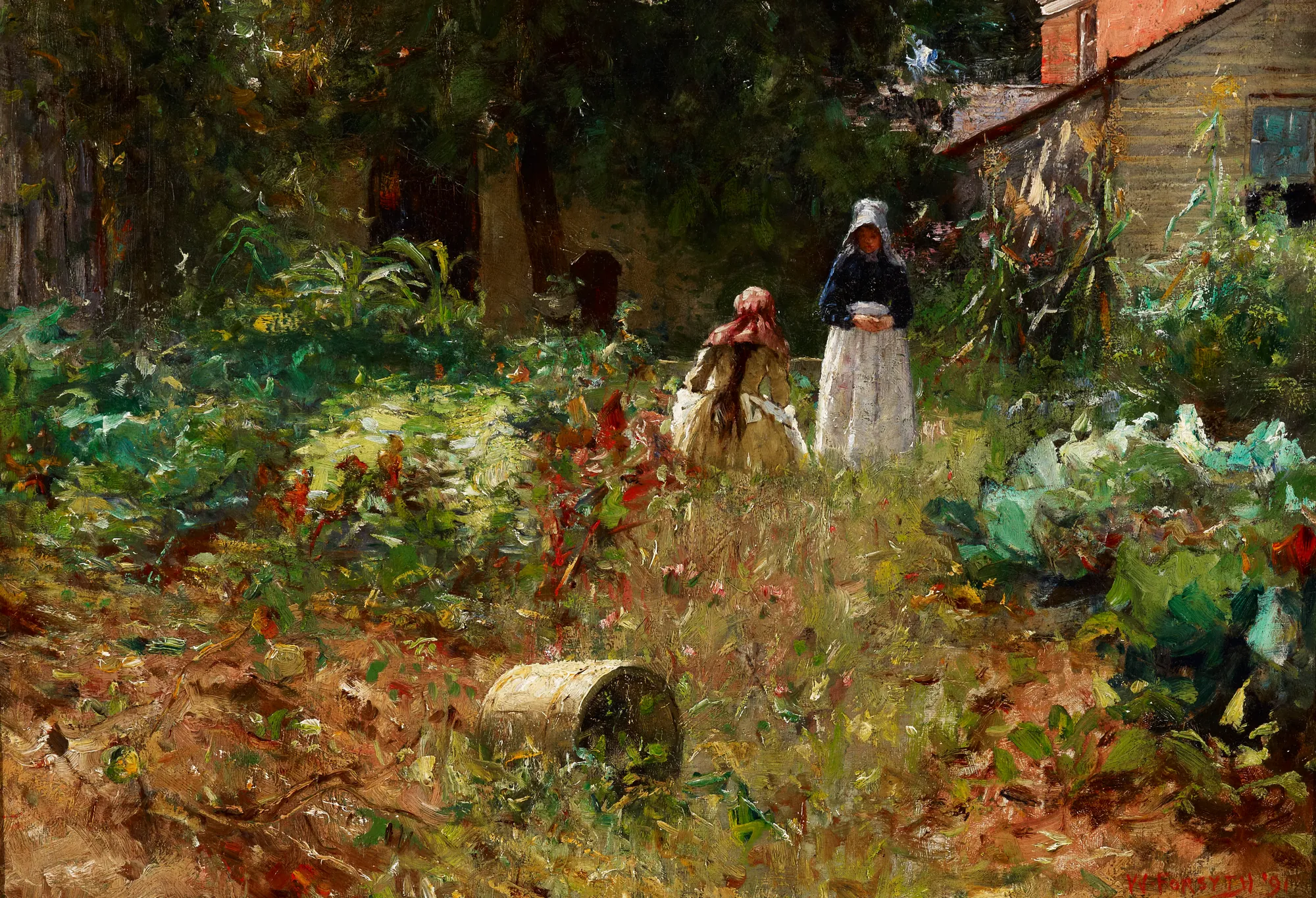 In the Garden In the Garden by William J. Forsyth. An impressionist oil painting showing two figures working in a sun-drenched vegetable garden next to a wooden outbuilding.