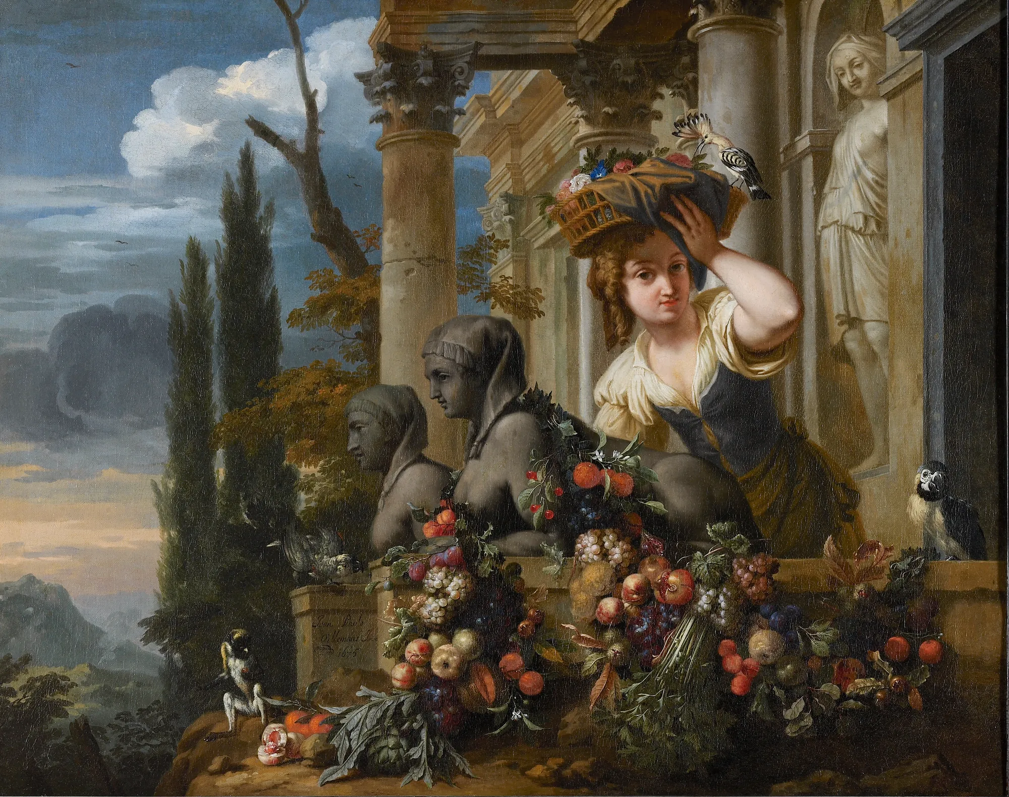 Palace Facade with Female Figure and Fruit Still Life