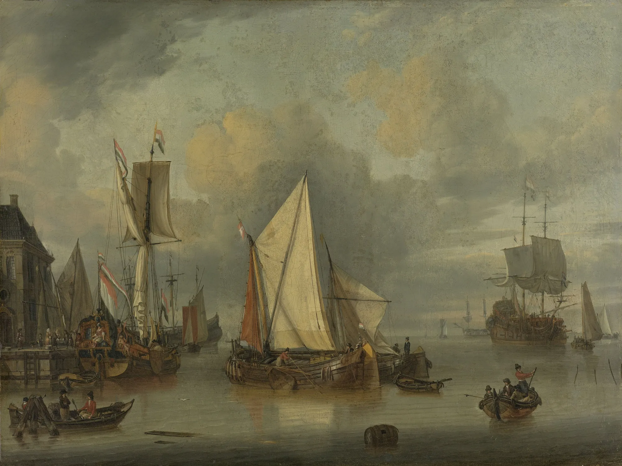 Ships in the Harbor by Calm Weather Ships in the Harbor by Calm Weather by Jan Claesz Rietschoof. A group of Dutch sailing vessels rests in a quiet harbor under a vast, cloud-filled sky.