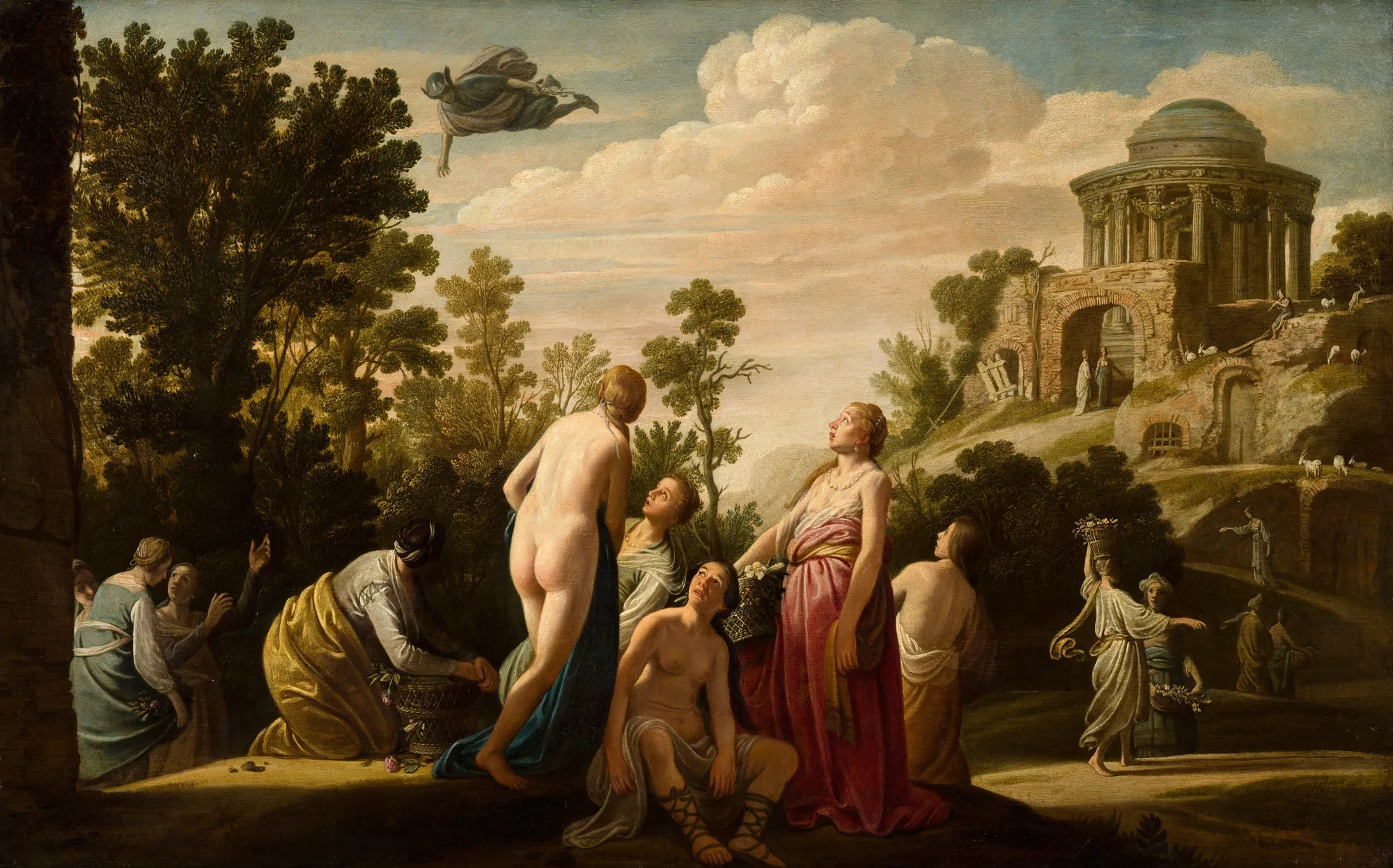 Mercury and Herse Mercury and Herse by Claes Corneliszoon Moeyaert. A group of women in classical dress gather in a landscape while the winged god Mercury flies overhead toward a circular temple.