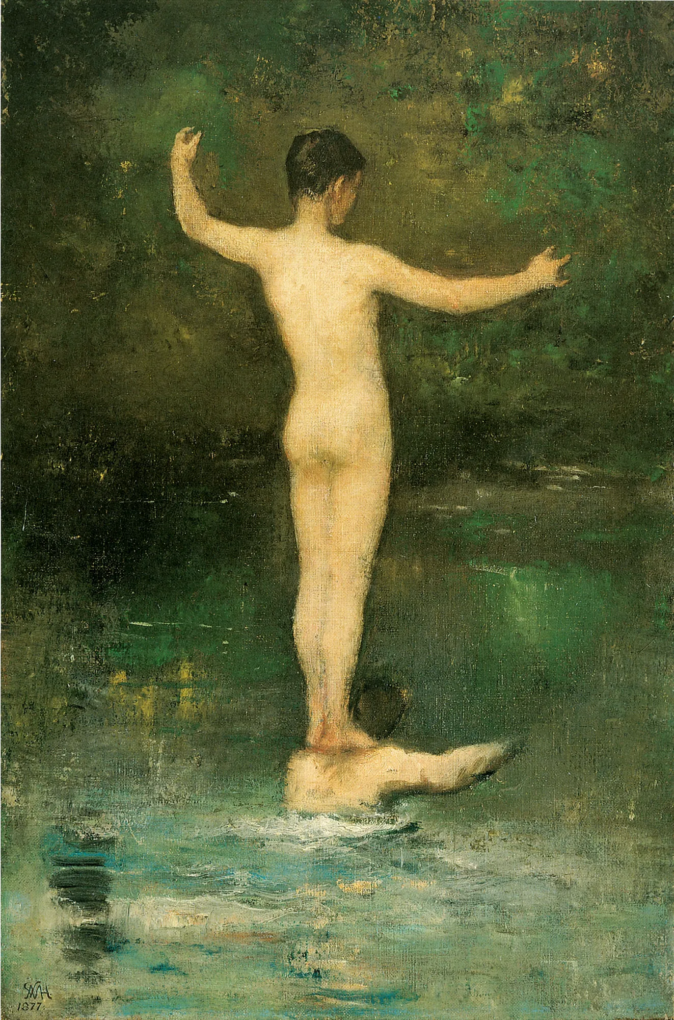The Bathers The Bathers by William Morris Hunt. A nude young man stands on the shoulders of another swimmer in a body of water against a backdrop of deep green foliage.