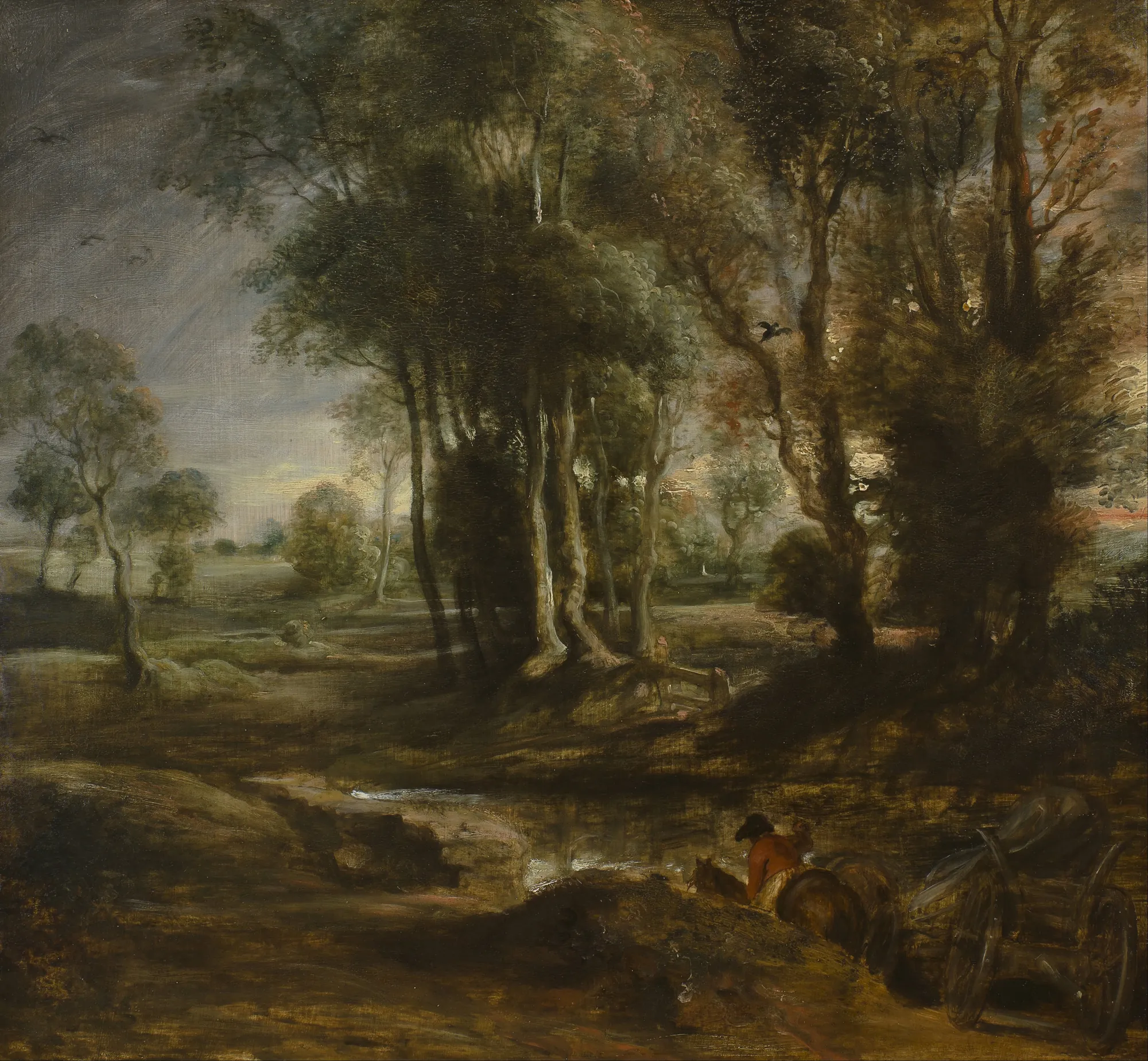 Evening Landscape with Timber Wagon Evening Landscape with Timber Wagon by Peter Paul Rubens. A somber evening landscape featuring a dense cluster of trees and a horse-drawn timber wagon navigating a small stream in the foreground.
