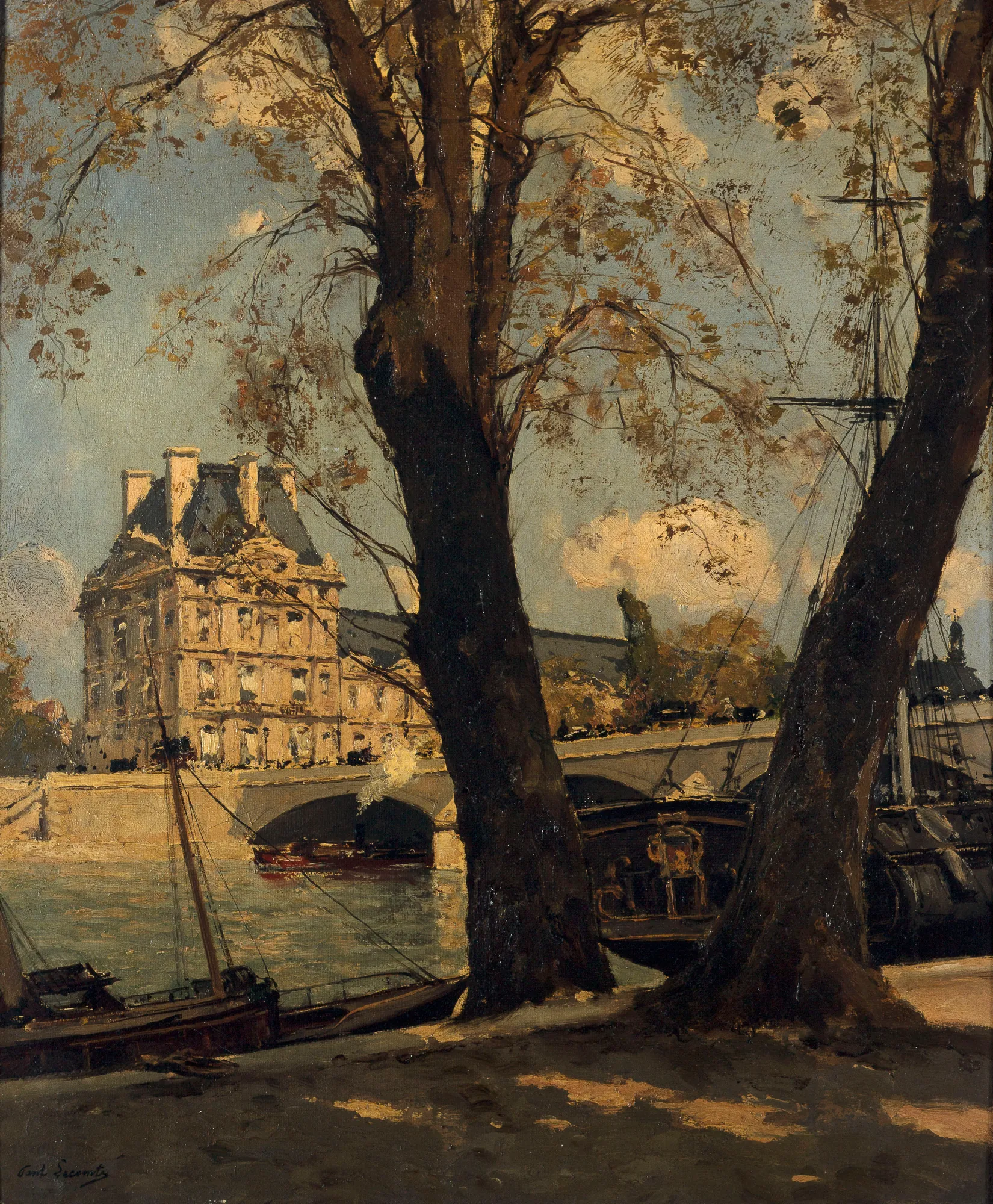 La Frégate du pont Royal La Frégate du pont Royal by Paul Lecomte. A view of the Seine in Paris featuring the Pont Royal and a frigate seen through the silhouettes of two large trees on the riverbank.