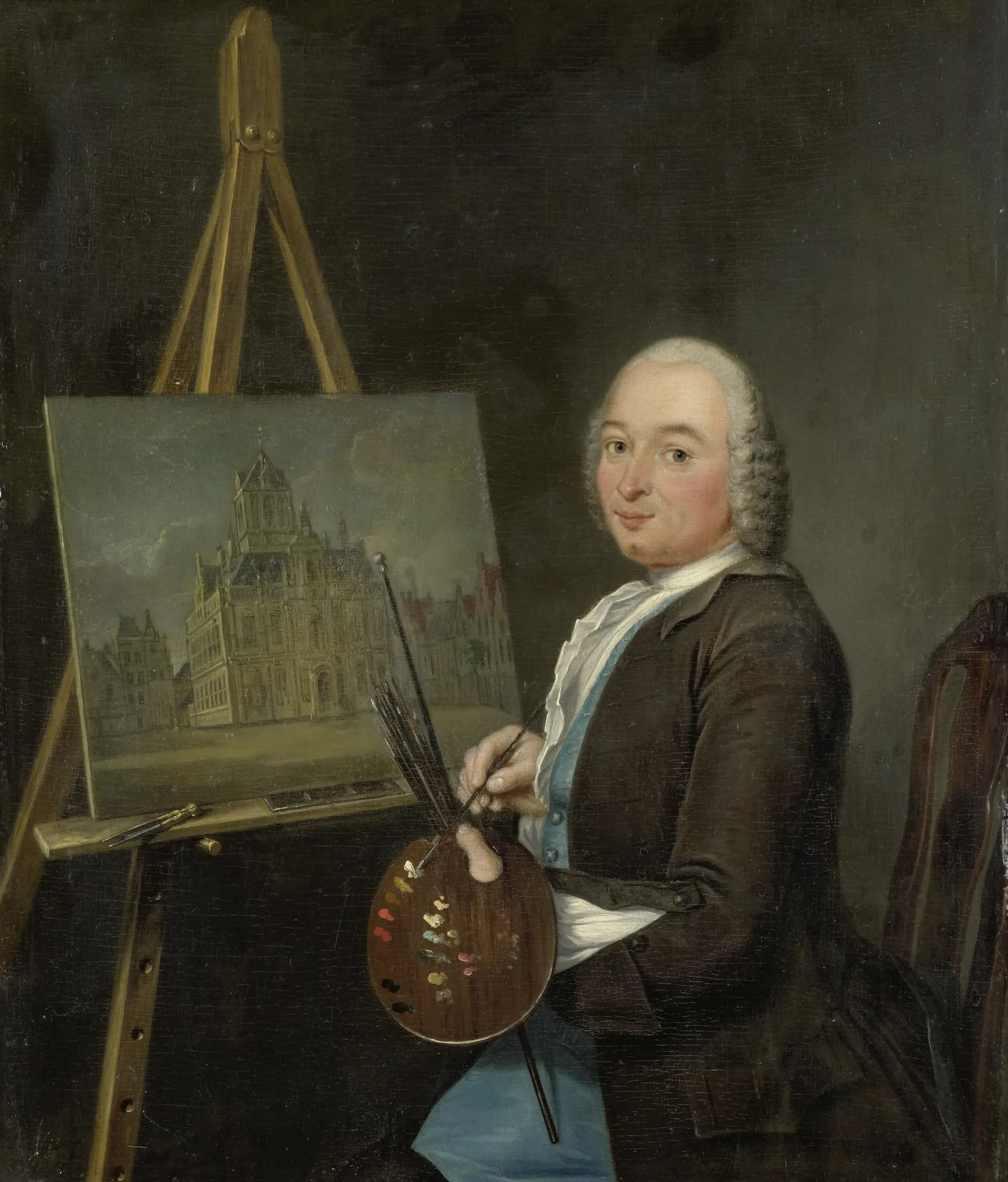 Portrait of Jan ten Compe Portrait of Jan ten Compe by Tibout Regters. A portrait of artist Jan ten Compe seated at an easel, holding a palette and brushes while gesturing toward a cityscape painting.