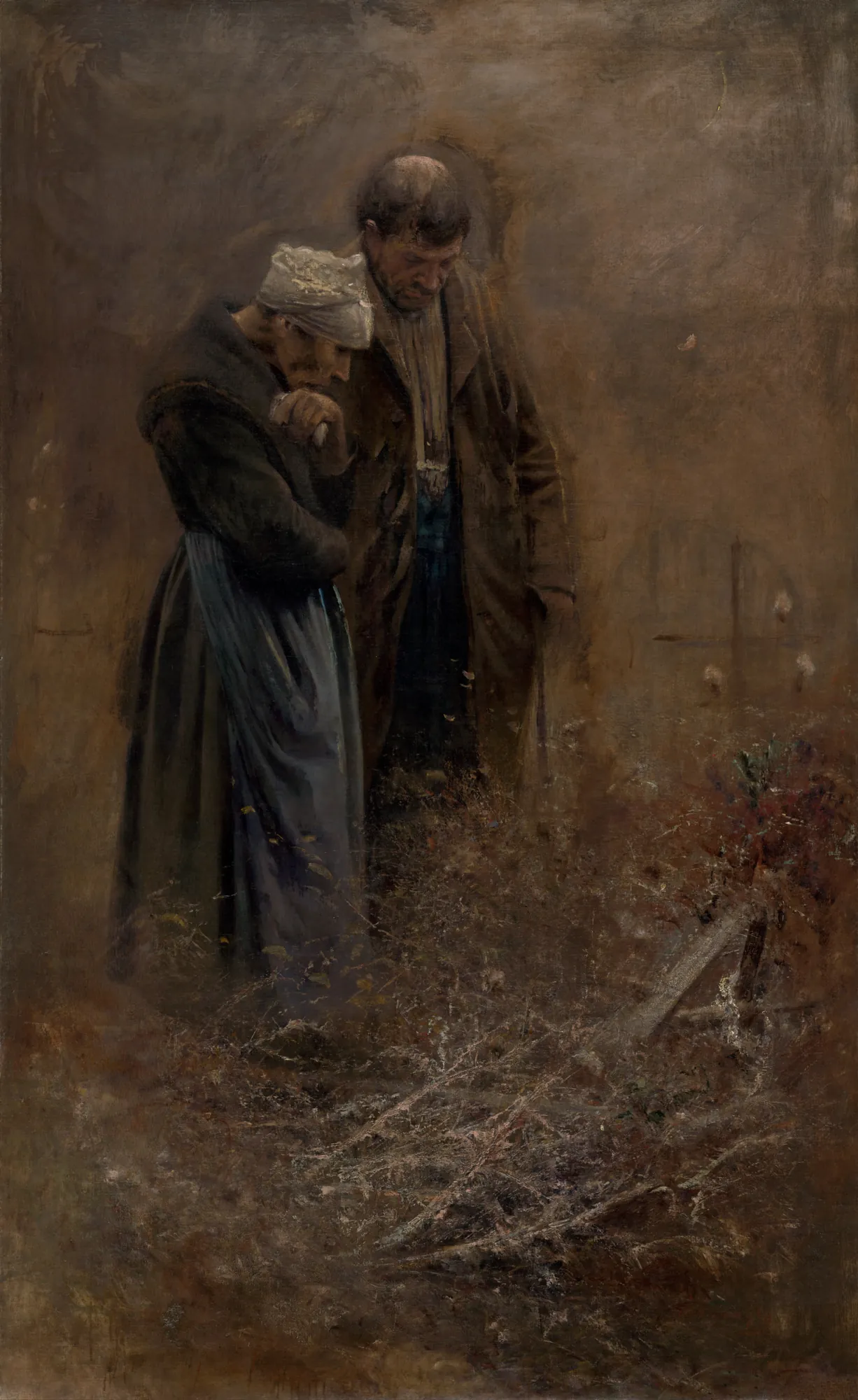 Over the Grave Over the Grave by László Mednyánszky. A man and a woman in peasant clothing stand with bowed heads in mourning over a newly dug grave in a dark, misty environment.