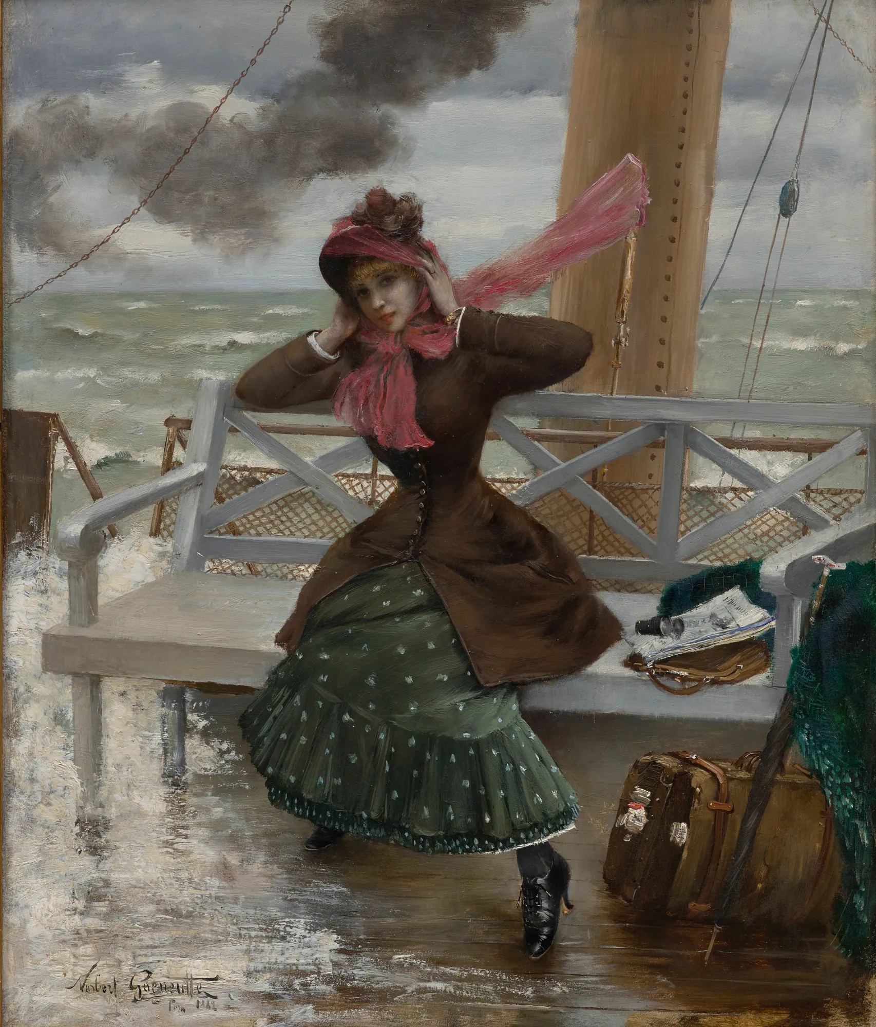 The Passenger The Passenger by Norbert Goeneutte. A woman in 19th-century travel attire sits on a ship's deck during a stormy sea crossing, her pink scarf caught in the wind.