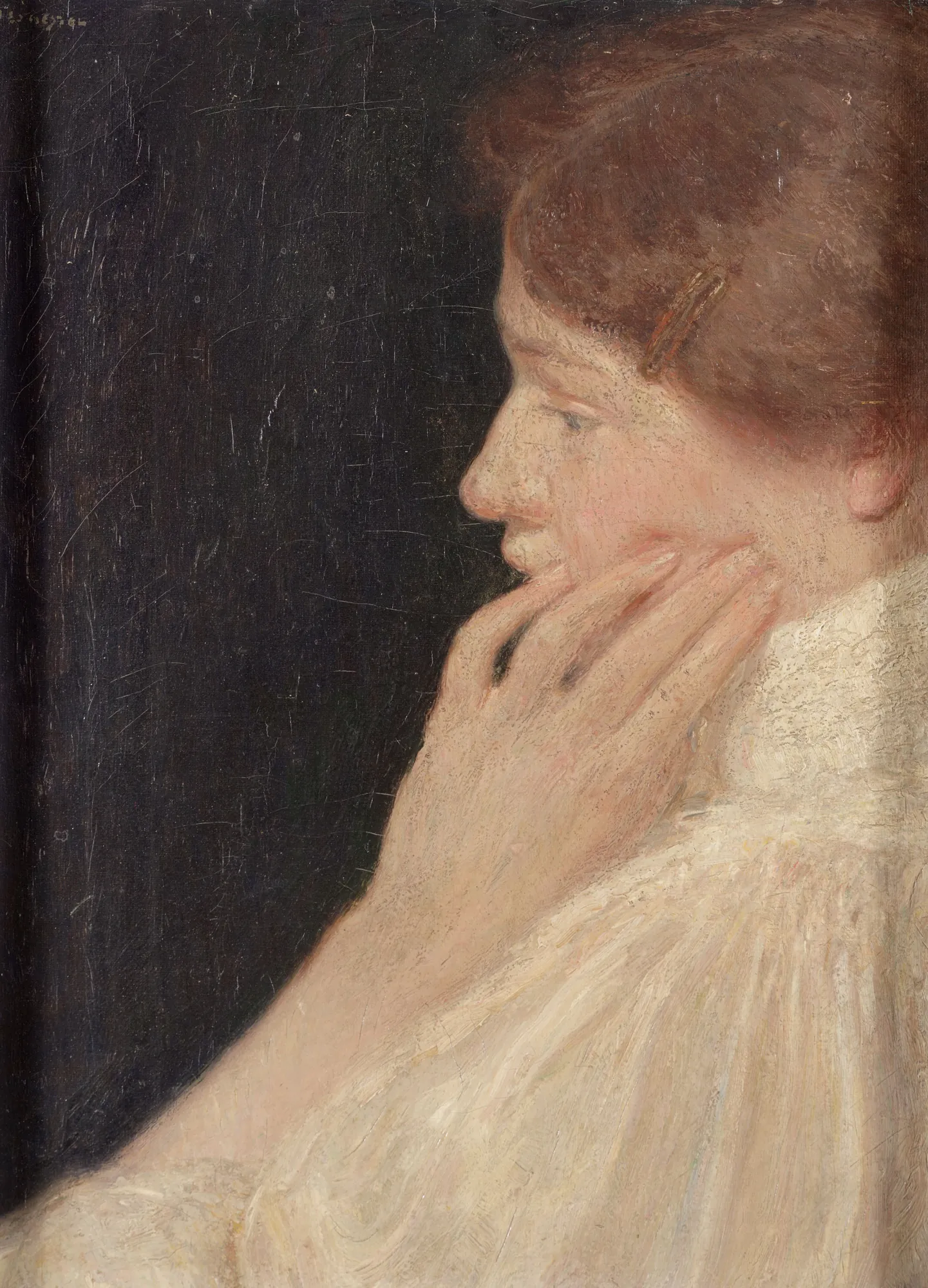 Portrait of a Lady in Profile Portrait of a Lady in Profile by Leo Gestel. A profile portrait of a woman resting her hand on her chin, wearing a white high-collared dress against a dark background.