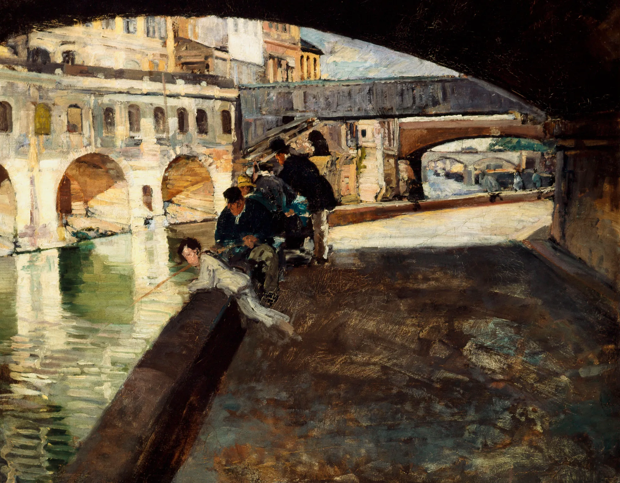 Les Cagnards de l'Hôtel-Dieu Les Cagnards de l'Hôtel-Dieu by Emile Antoine Guillier. A group of figures rests in the deep shadows of a stone bridge over the Seine, with sunlit buildings and arches visible in the distance.