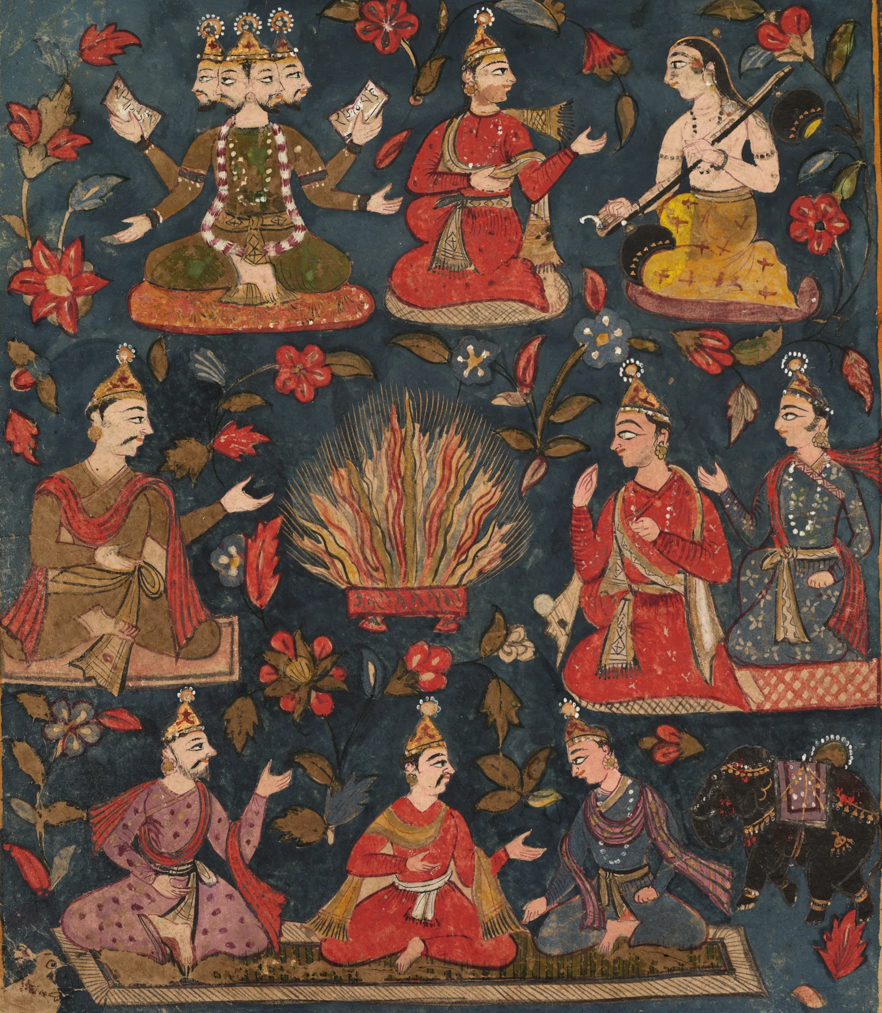 Sacrificial Fire Sacrificial Fire by Unknown Artist. A complex Indian miniature painting depicting several figures and deities, including a four-headed Brahma, gathered around a central ritual fire against a deep blue, flower-adorned background.