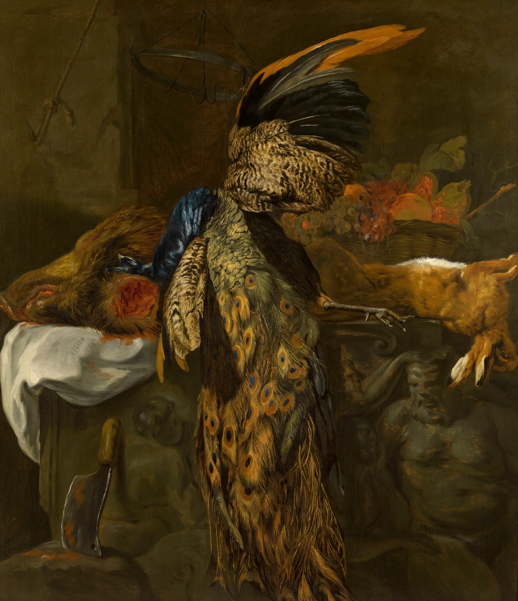 Hunting Trophy with a Dead Peacock and a Boar’s Head Hunting Trophy with a Dead Peacock and a Boar’s Head by Jan Fyt. A dramatic still life featuring a dead peacock with iridescent feathers, a boar's head on a white cloth, and a rabbit arranged on a stone ledge with fruit and a cleaver.