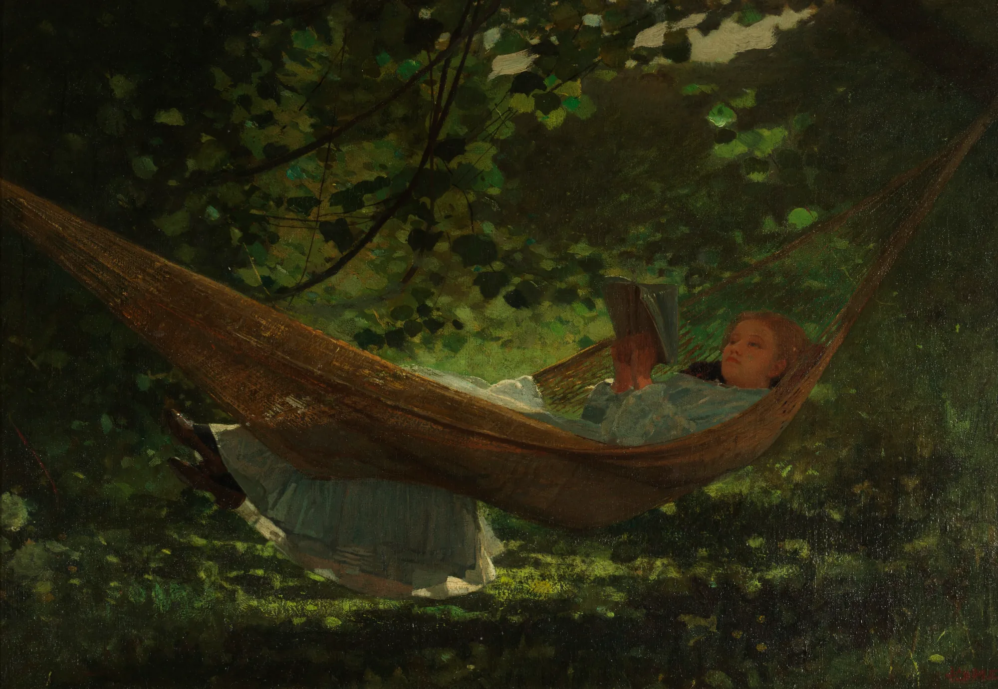 Sunlight and Shadow Sunlight and Shadow by Winslow Homer. A young woman in a pale blue dress reclines in a hammock suspended between trees, reading a book in a lush garden filled with dappled sunlight.