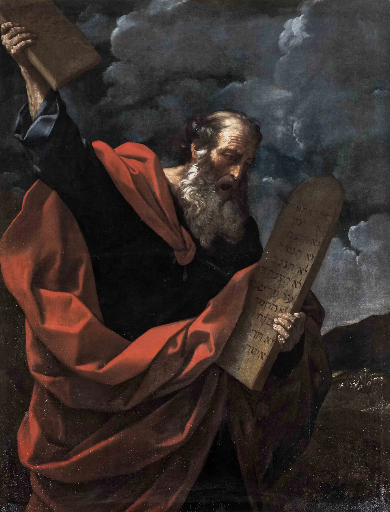 Moses Breaking the Tablets of the Law Moses Breaking the Tablets of the Law by Guido Reni. An elderly, bearded man in a voluminous red and black cloak raises stone tablets against a backdrop of dark, billowing clouds.