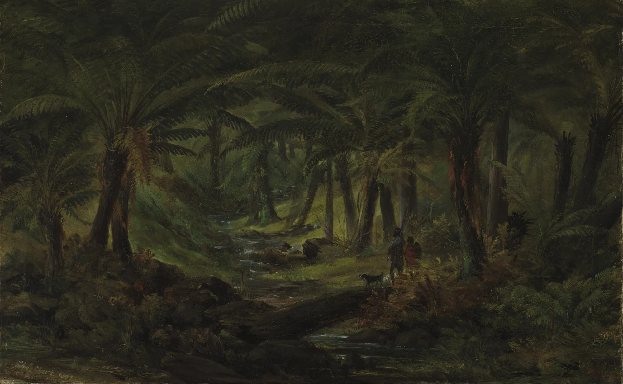 Fern Gully with Aboriginal Family Fern Gully with Aboriginal Family by Thomas Clark. A dense, shadowed gully filled with towering ferns and a small stream, where an Aboriginal family and their dog stand near the water's edge.