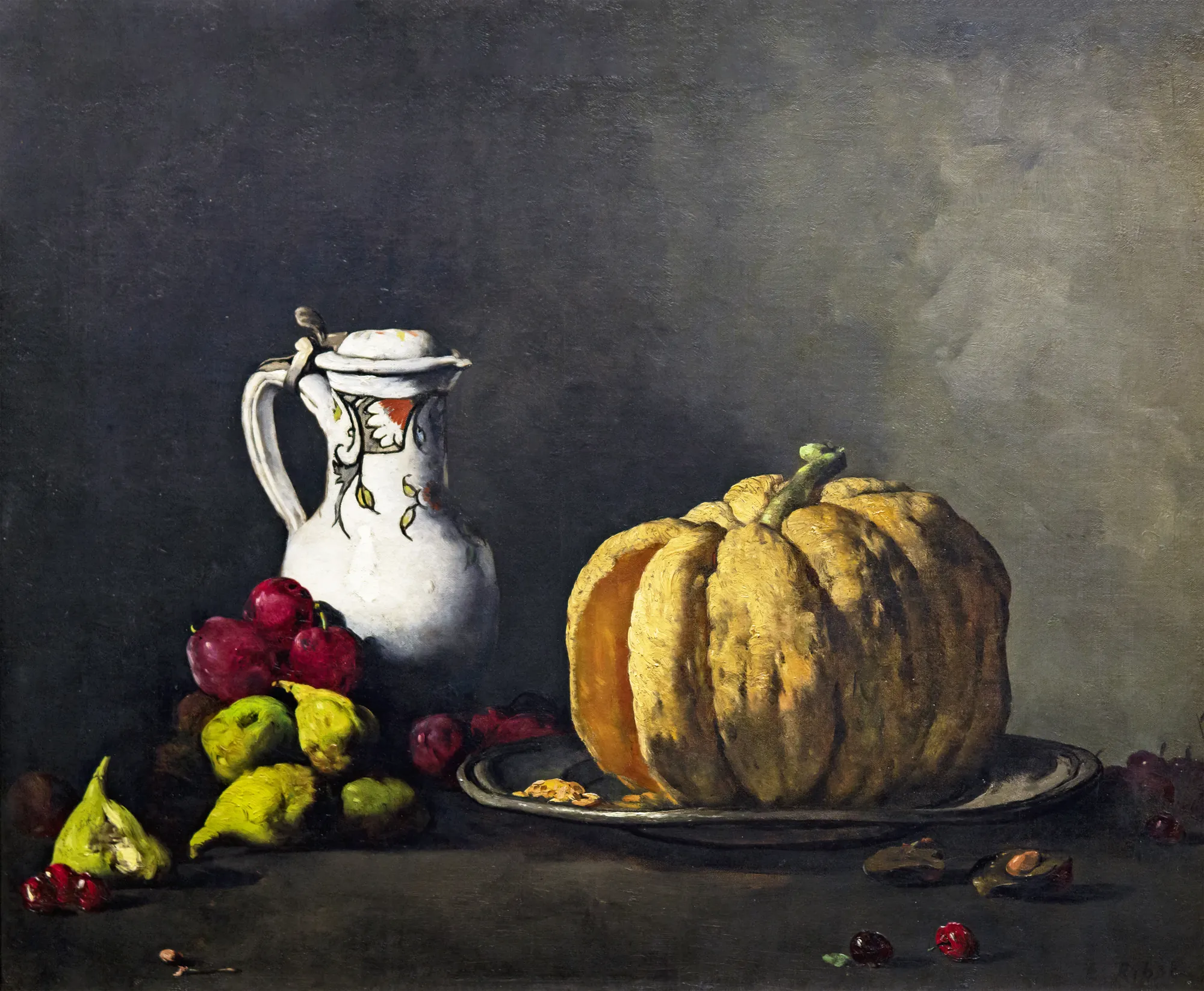 Still Life with Pumpkin, Plums, Cherries, Figs and Jug