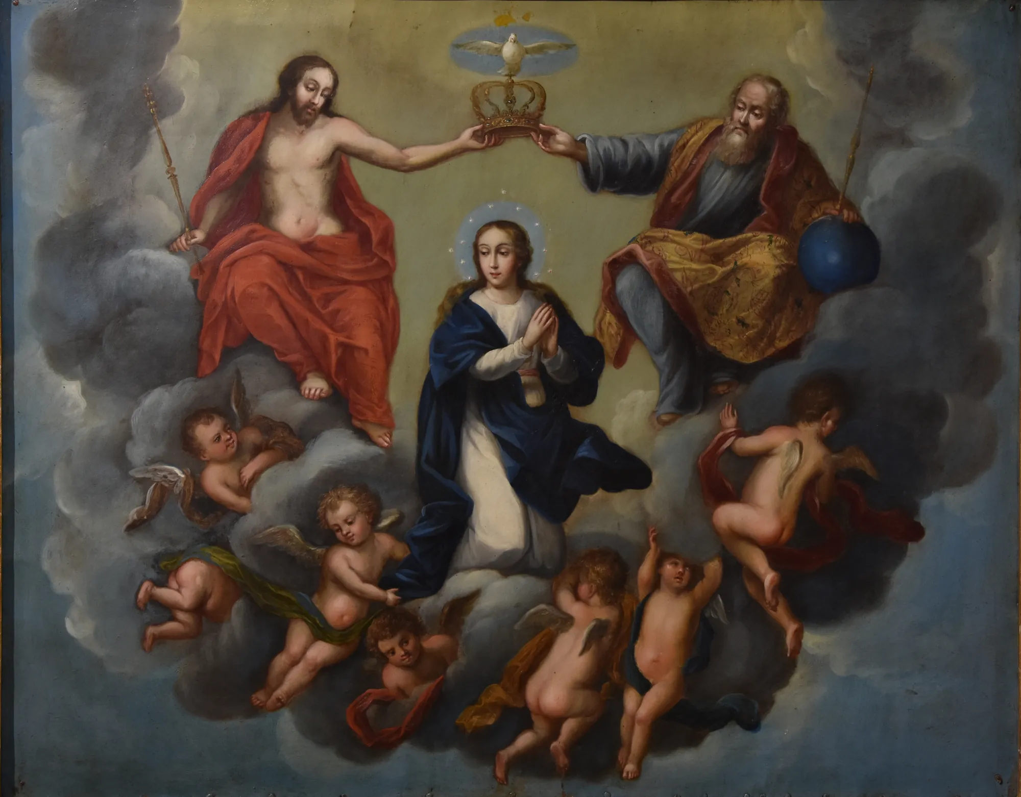 The Coronation of the Virgin The Coronation of the Virgin by Unknown Artist. A religious oil painting depicting the Virgin Mary being crowned by Jesus Christ and God the Father amidst a group of cherubs in a cloudy sky.