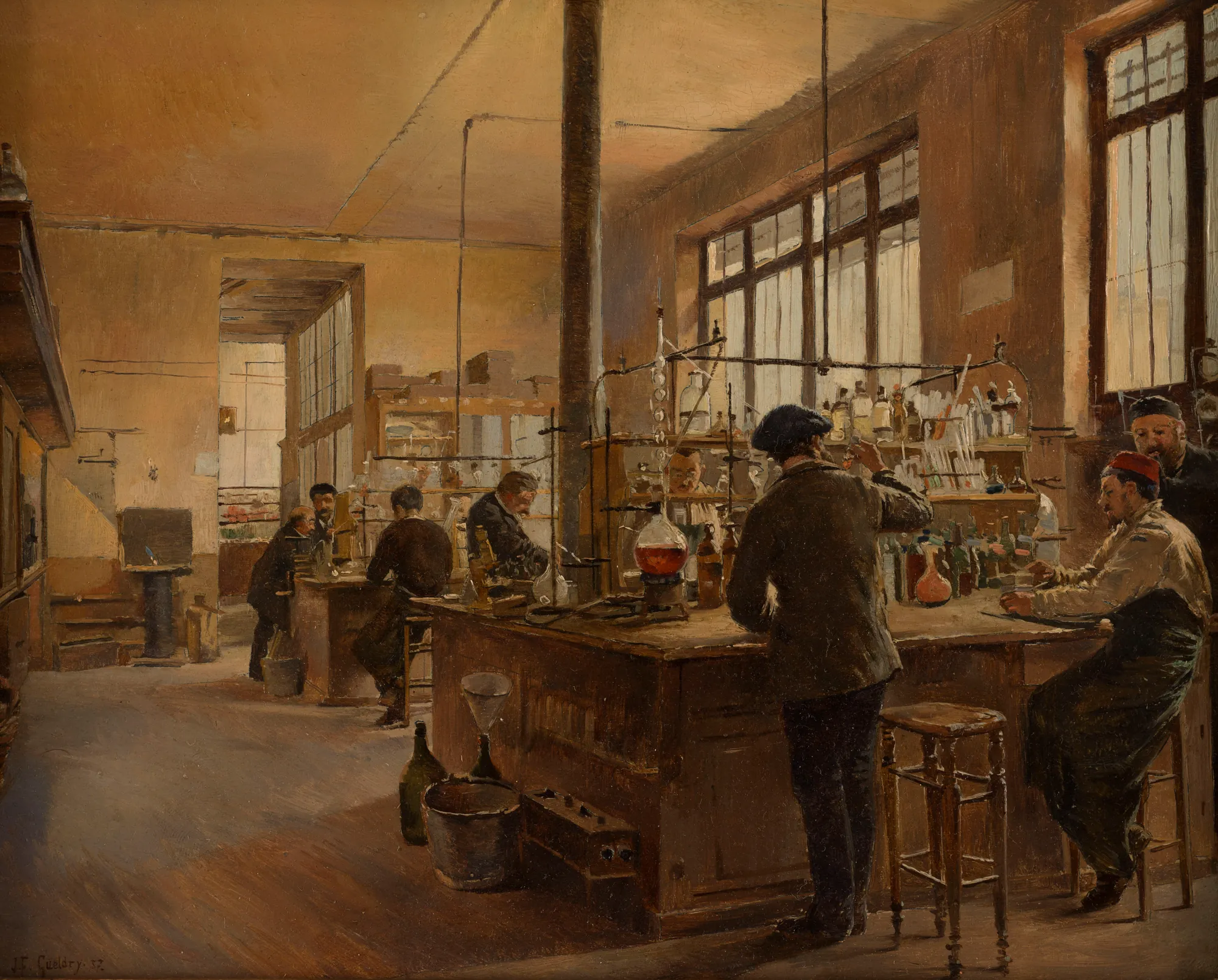 Le Laboratoire Municipal Le Laboratoire Municipal by Ferdinand Gueldry. An interior painting of a busy 19th-century laboratory with scientists working among glass apparatus and wooden workbenches.