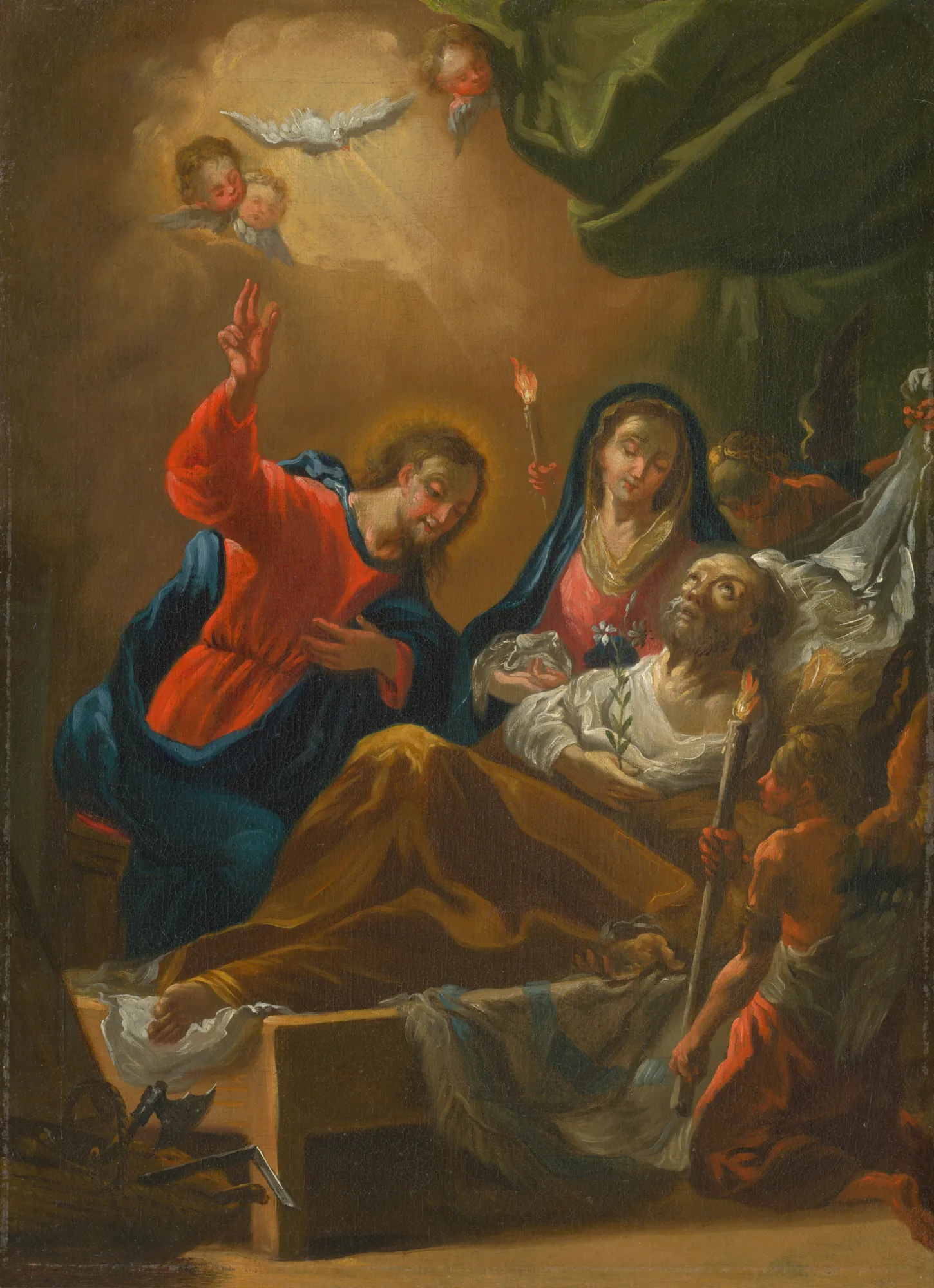 Death of Saint Joseph Death of Saint Joseph by Unknown Artist. An 18th-century oil painting depicting the dying Saint Joseph attended by Jesus and Mary, with cherubs and the Holy Spirit as a dove above.