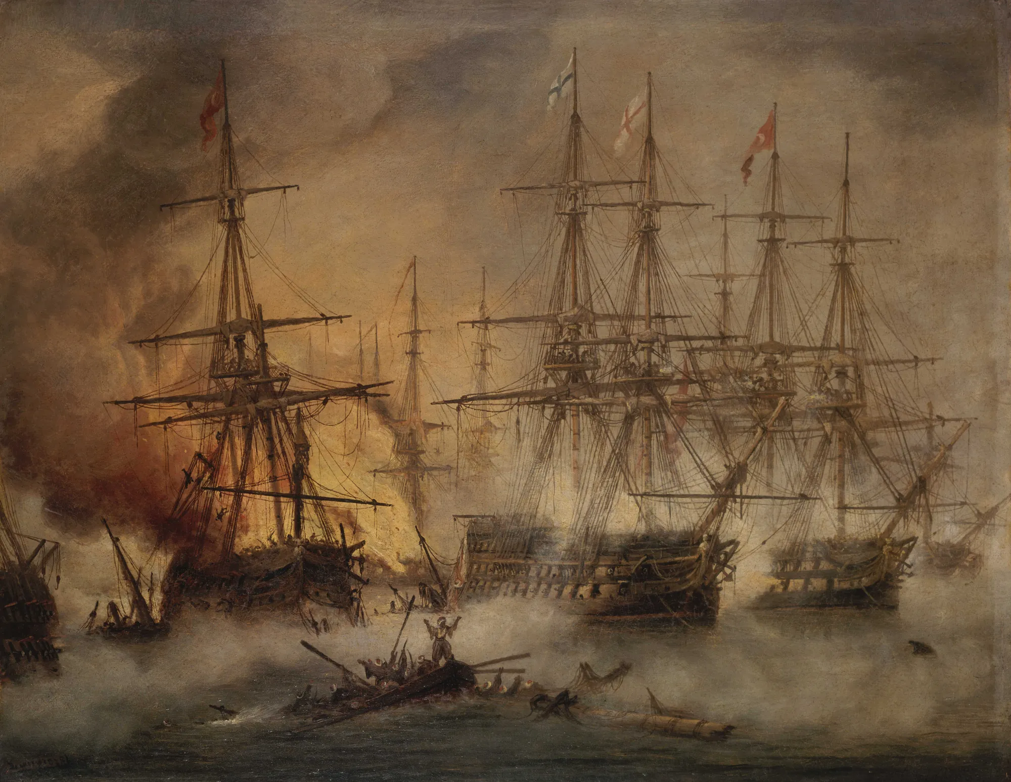 The Battle of Navarino The Battle of Navarino by Thomas Luny. A dramatic naval battle scene featuring several large masted warships amidst thick smoke, fire, and floating debris.