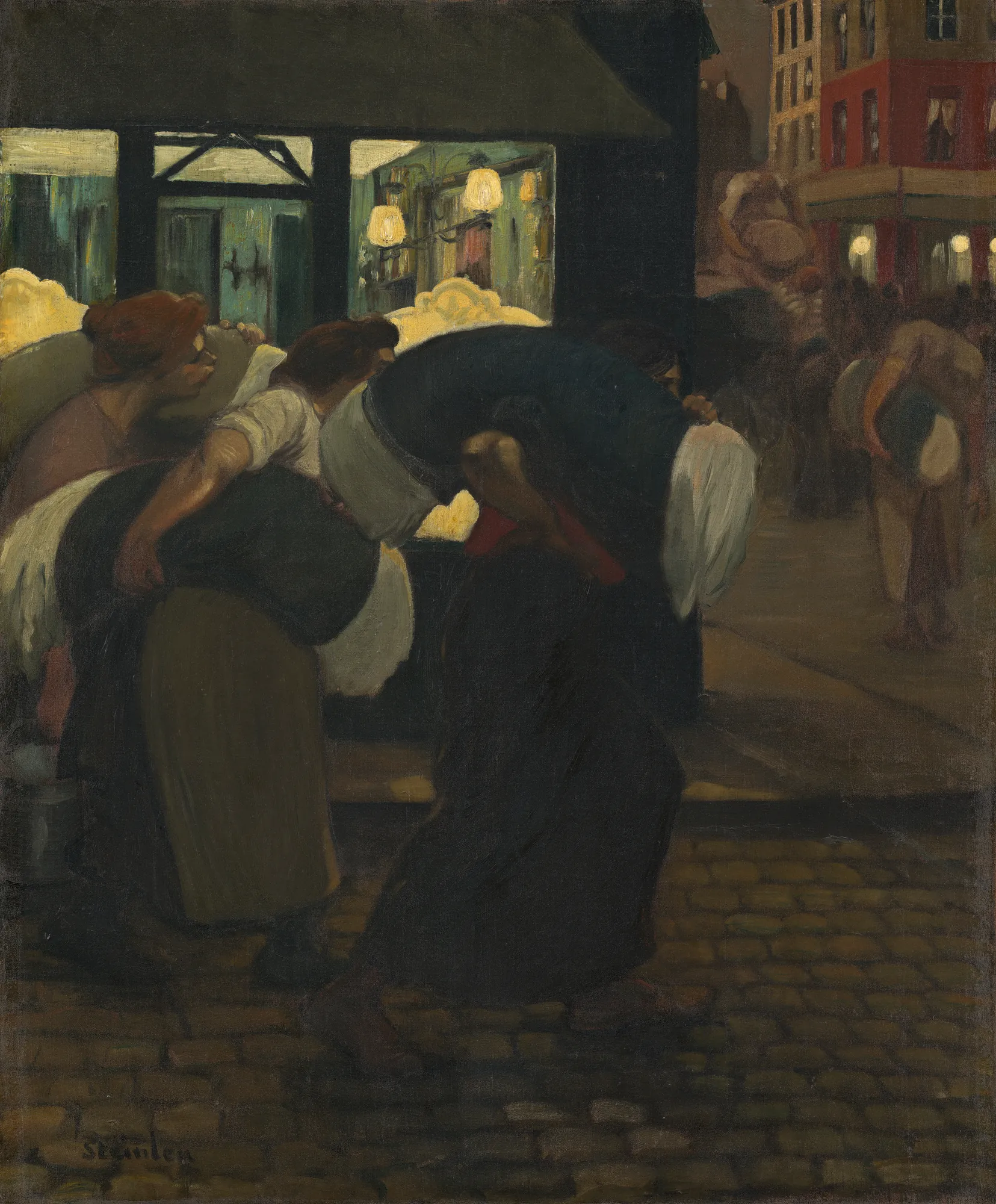 The Laundresses The Laundresses by Théophile Steinlen. Women are depicted carrying heavy bundles of laundry through a dark, cobblestone city street at night illuminated by artificial light.