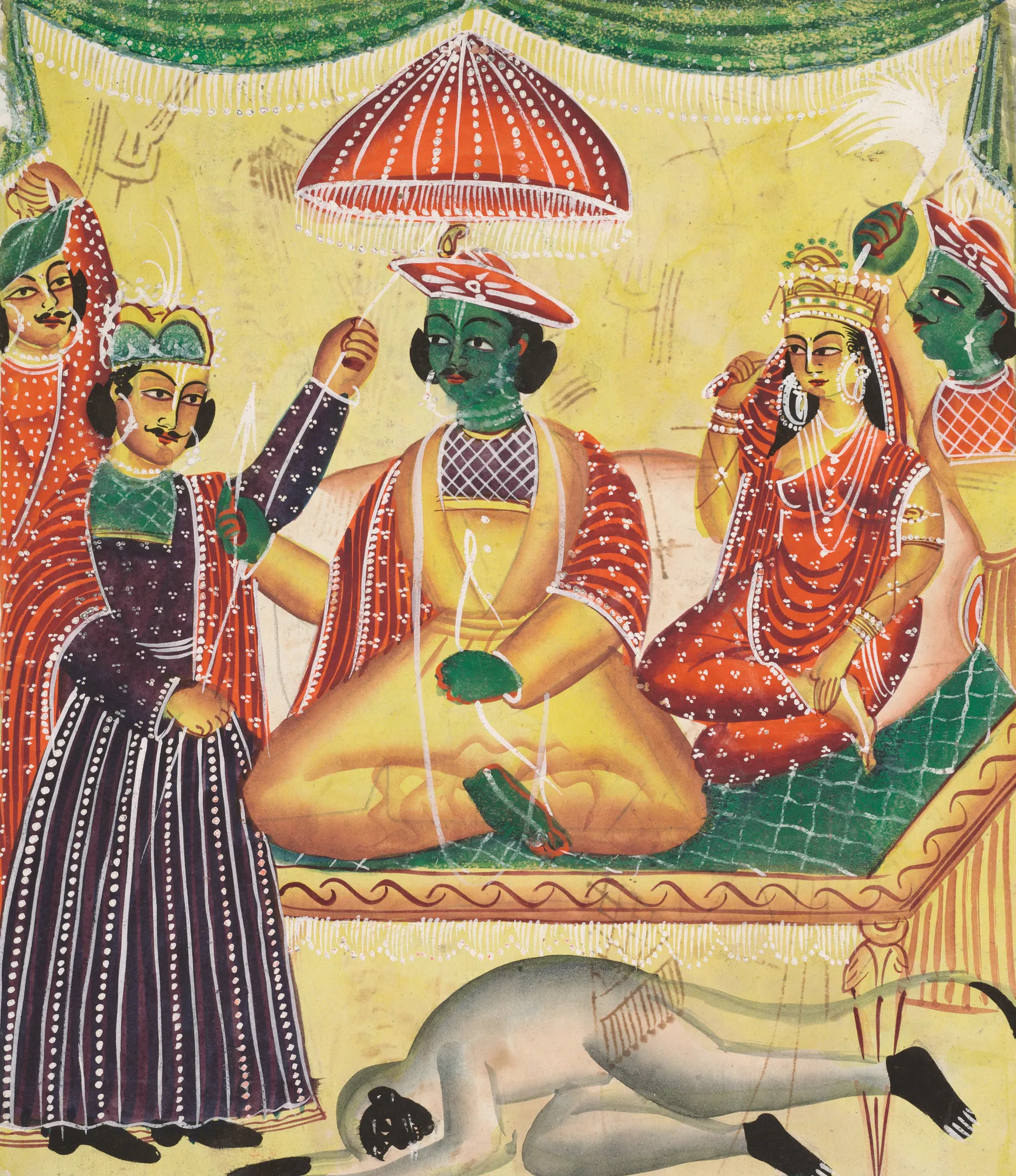 Rama and Sita Enthroned Rama and Sita Enthroned by Unknown Artist. A bold Kalighat painting showing Rama and Sita seated on a decorated throne under a red parasol, with Hanuman bowing before them and two attendants standing by.